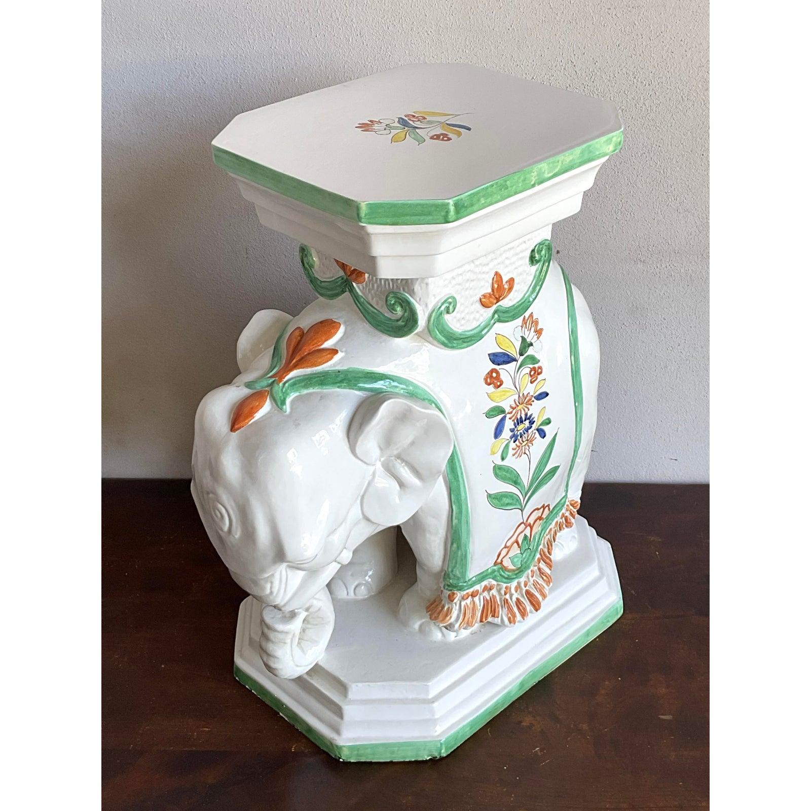 Vintage Regency Italian Glazed Ceramic Elephant Low Stool In Good Condition For Sale In West Palm Beach, FL