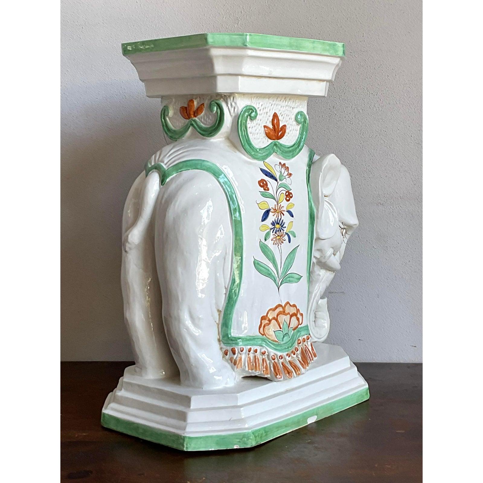 20th Century Vintage Regency Italian Glazed Ceramic Elephant Low Stool For Sale