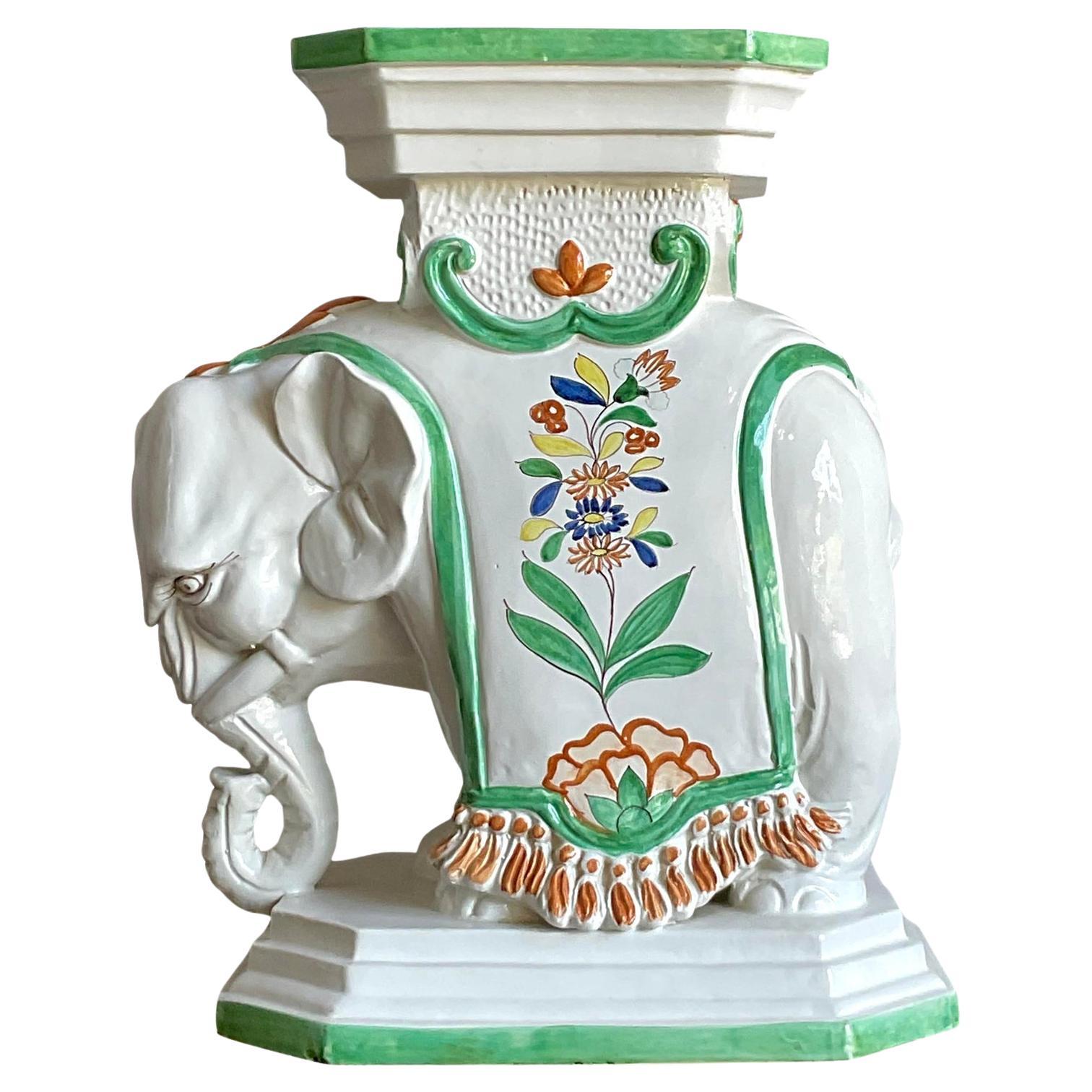 Vintage Regency Italian Glazed Ceramic Elephant Low Stool For Sale