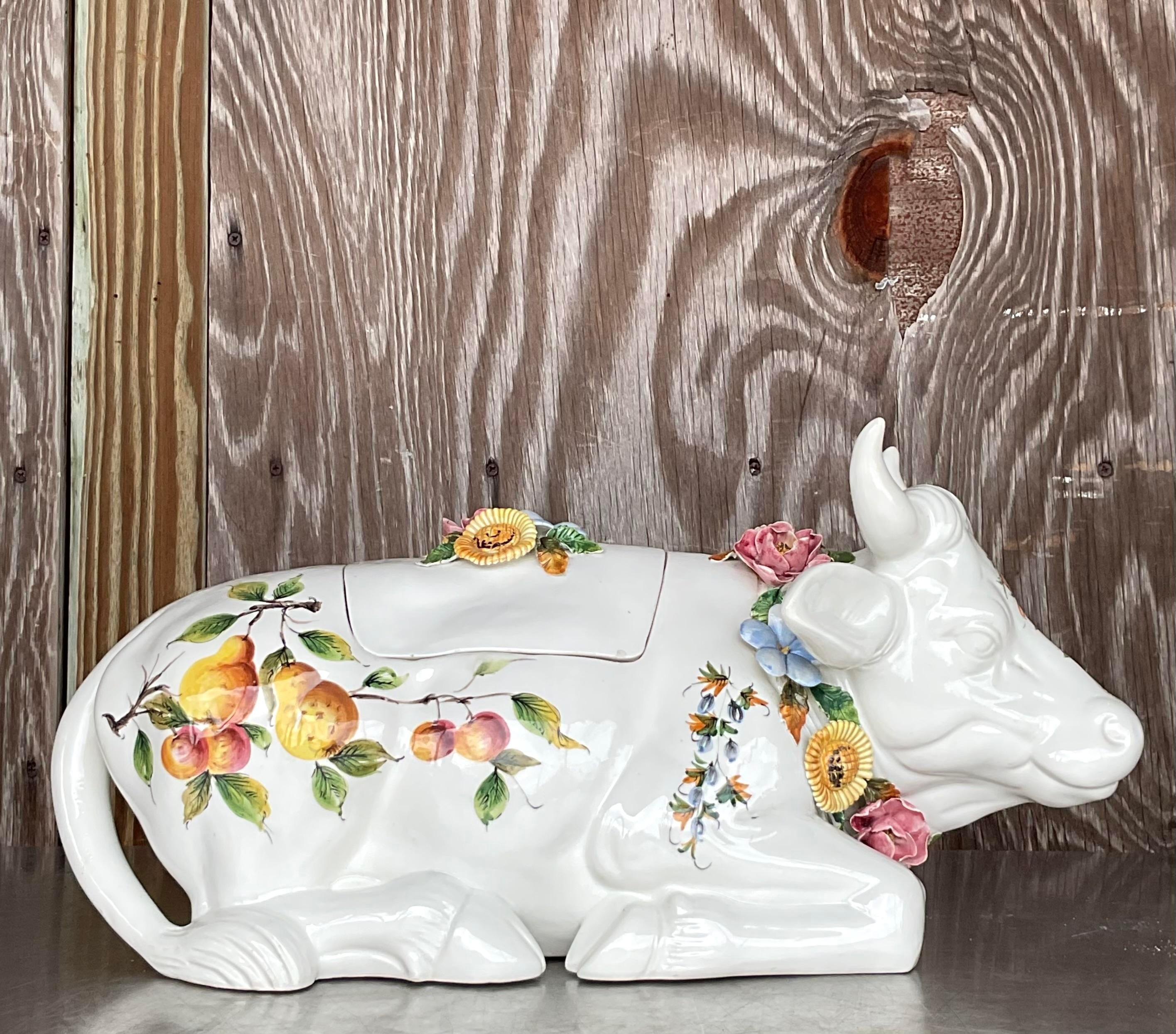 Vintage Regency Italienisch glasierte Keramik Floral Bull Terrine 6