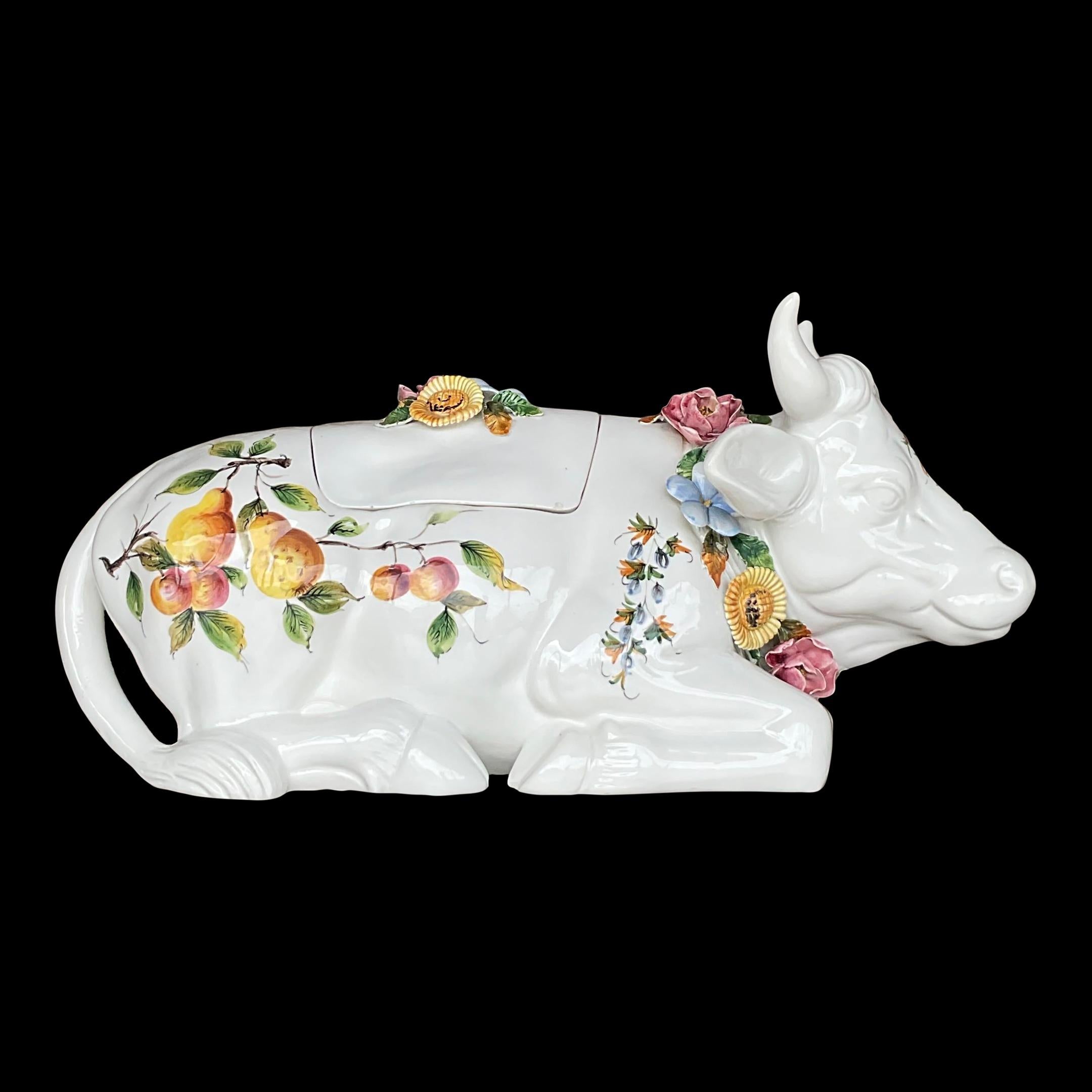 Vintage Regency Italienisch glasierte Keramik Floral Bull Terrine 7