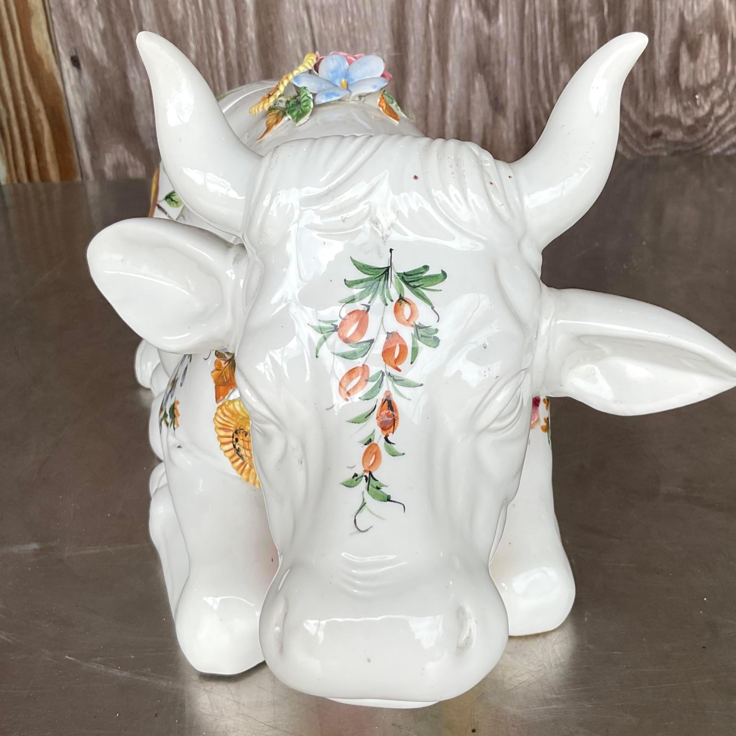 Vintage Regency Italienisch glasierte Keramik Floral Bull Terrine 2