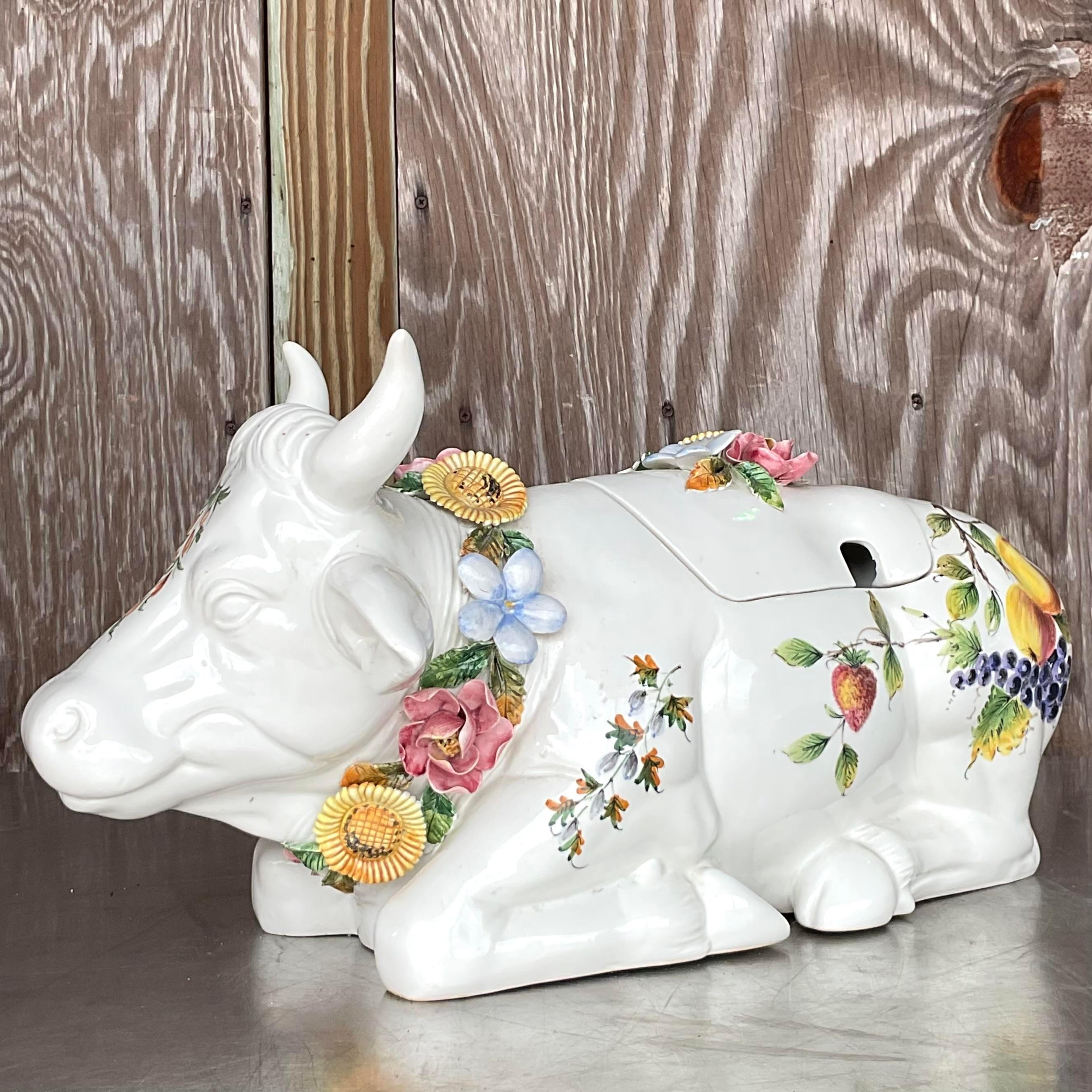Vintage Regency Italienisch glasierte Keramik Floral Bull Terrine 3