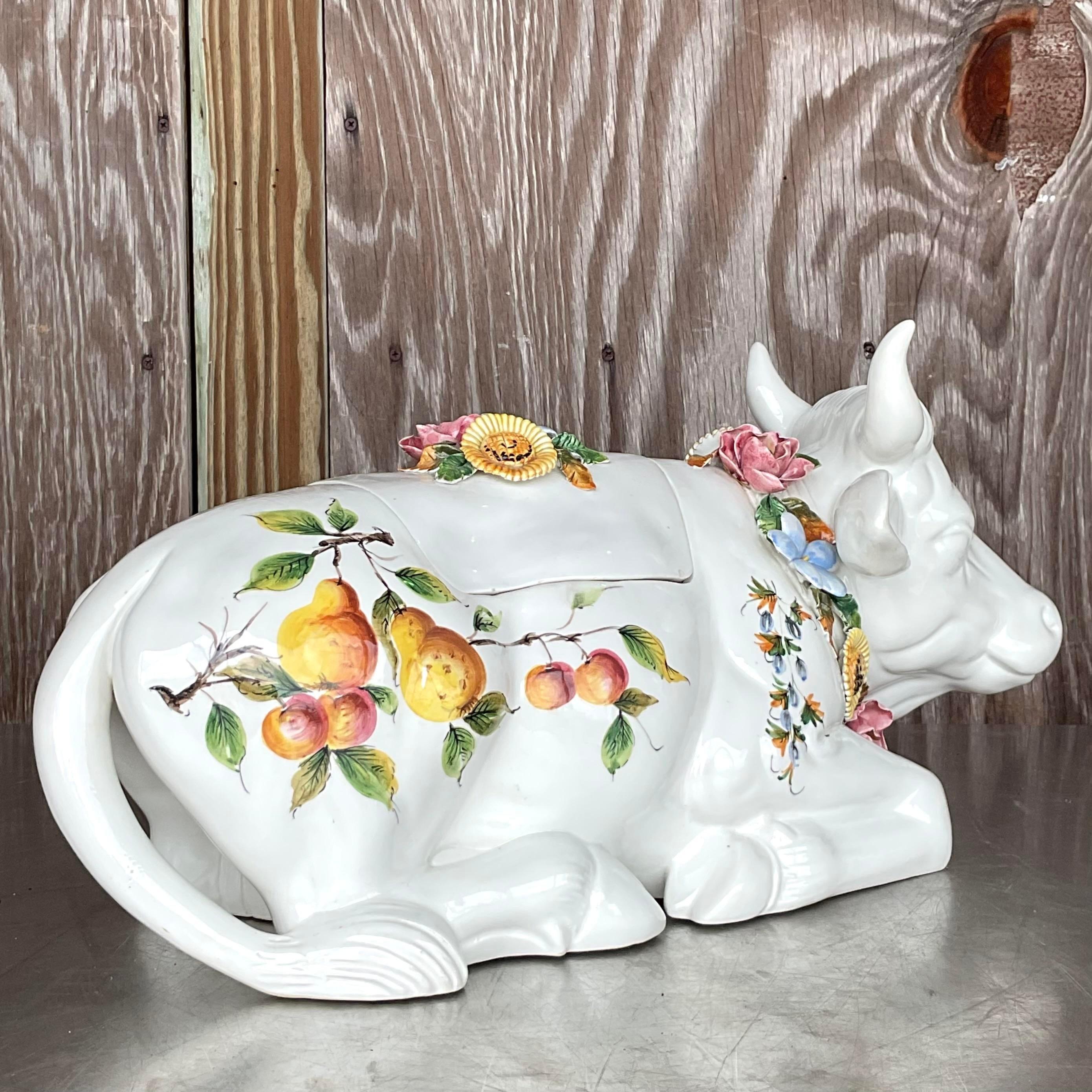 Vintage Regency Italienisch glasierte Keramik Floral Bull Terrine 4
