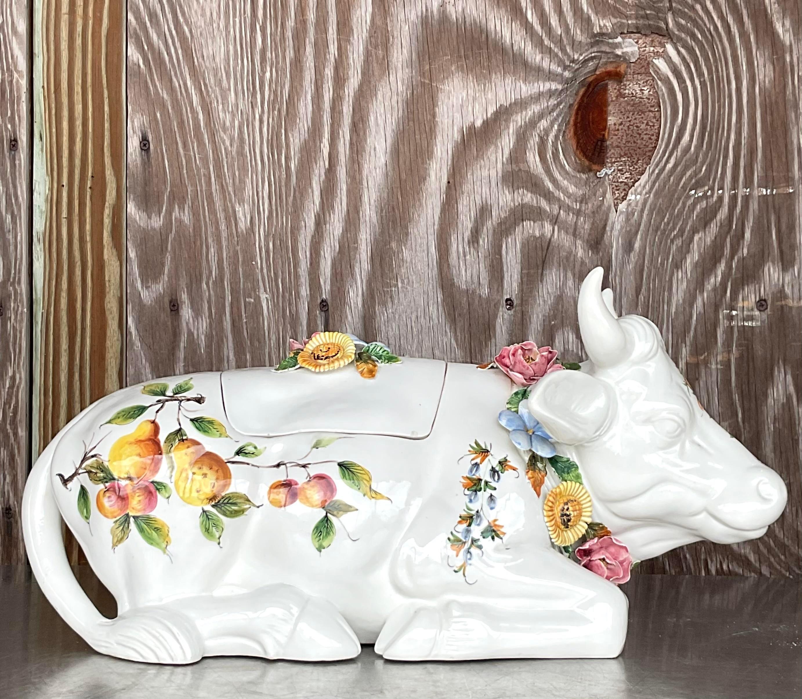 Vintage Regency Italienisch glasierte Keramik Floral Bull Terrine 5
