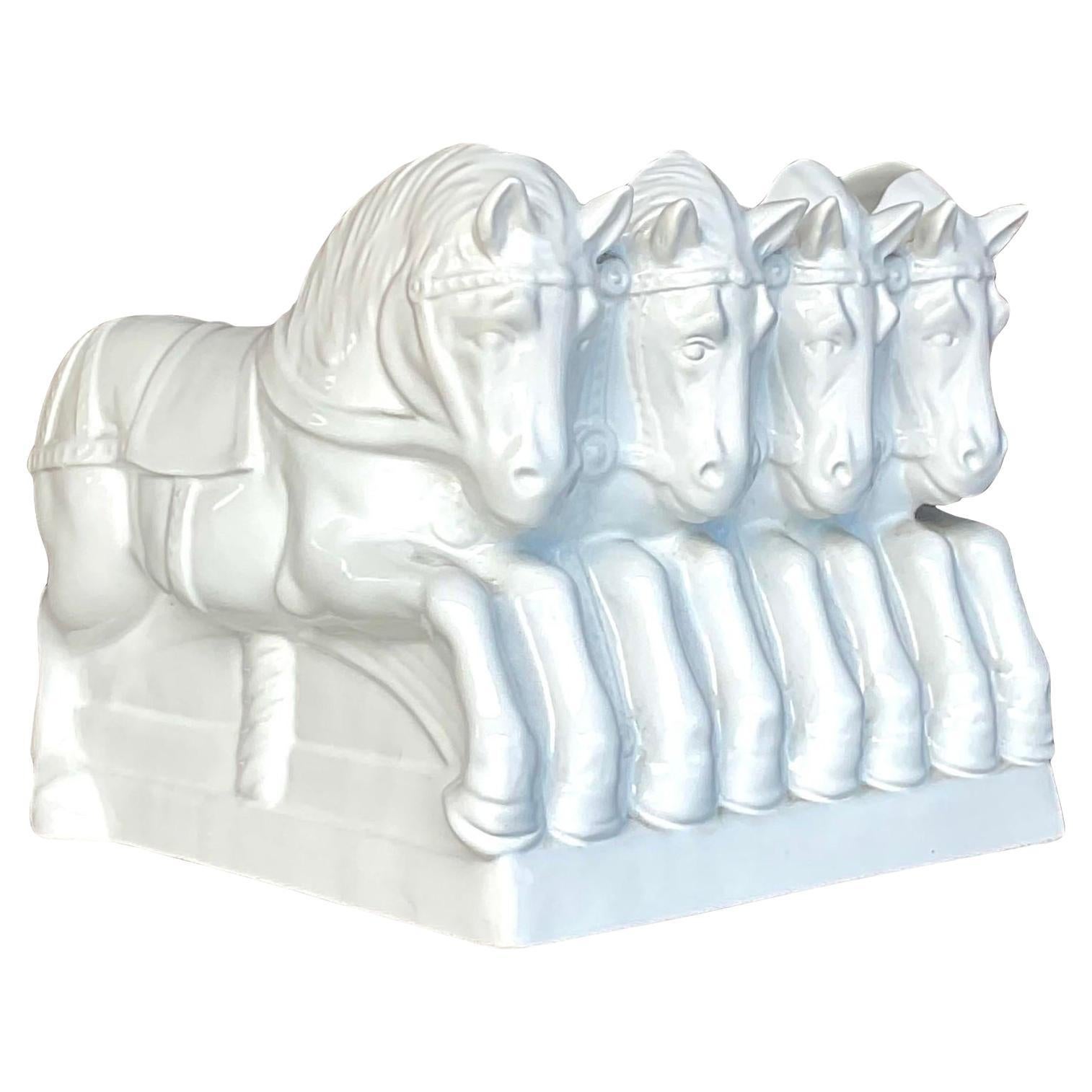 Vintage Regency Italian Glazed Ceramic Horses Cachepot For Sale
