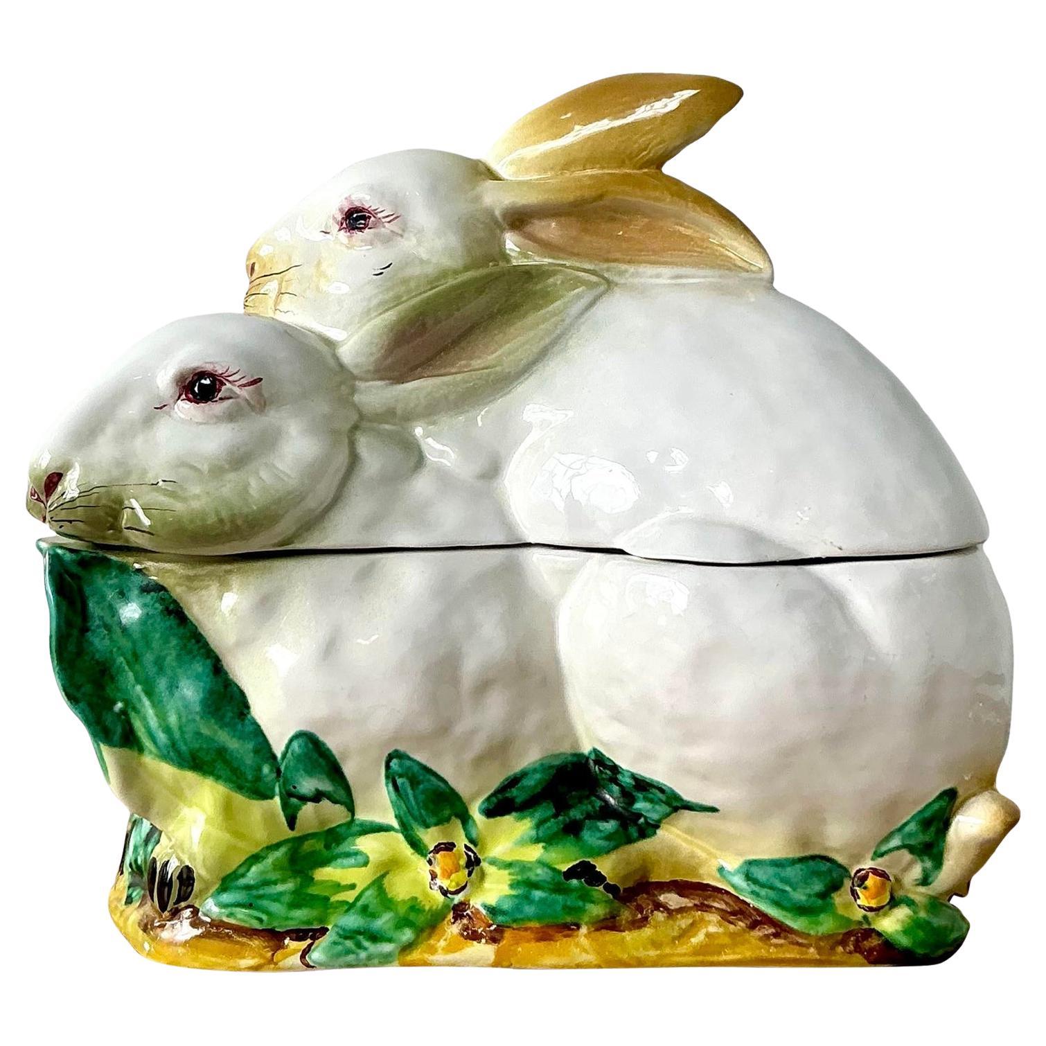 Vintage Regency Italian Glazed Ceramic Rabbit Lidded Casserole For Sale