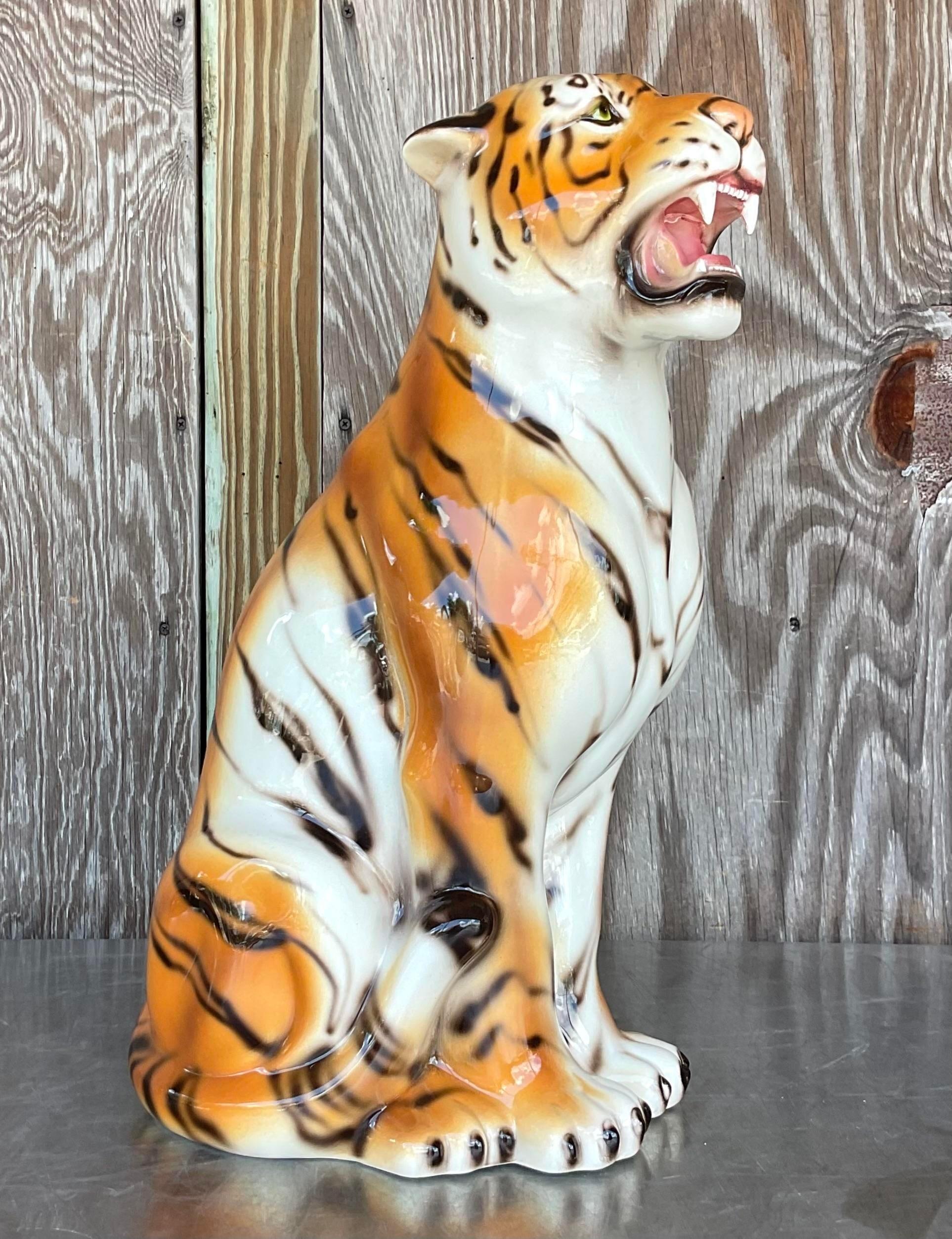 Vintage Regency Italian Glazed Ceramic Tiger In Good Condition For Sale In west palm beach, FL