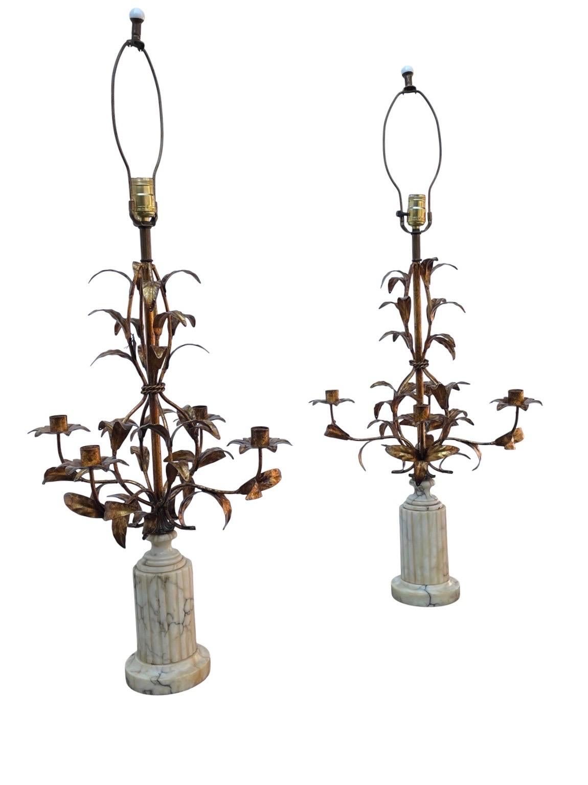 Mid-20th Century Vintage Regency Italian Gold Gilt & Marble Candelabra Table Lamps For Sale
