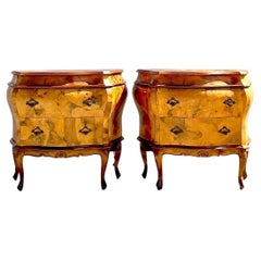 Vintage Regency Italian Olive Burl Wood Bombe Chests, Pair