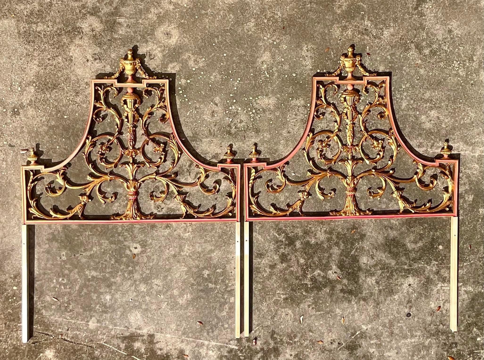 Vintage Regency Italian Palladio Gilt Twin Headboards. - a Pair In Good Condition For Sale In west palm beach, FL