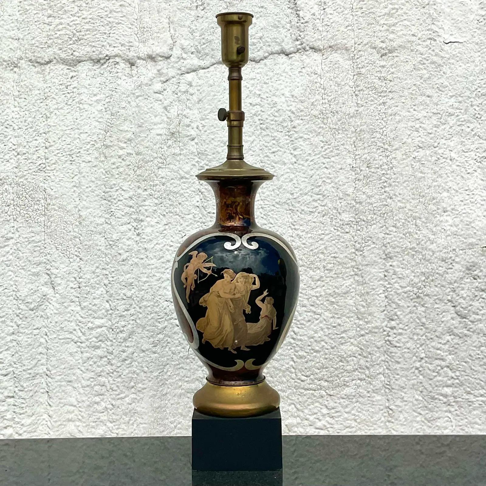 Vintage Regency Italian Reverse Painted Glass Lamp For Sale 7