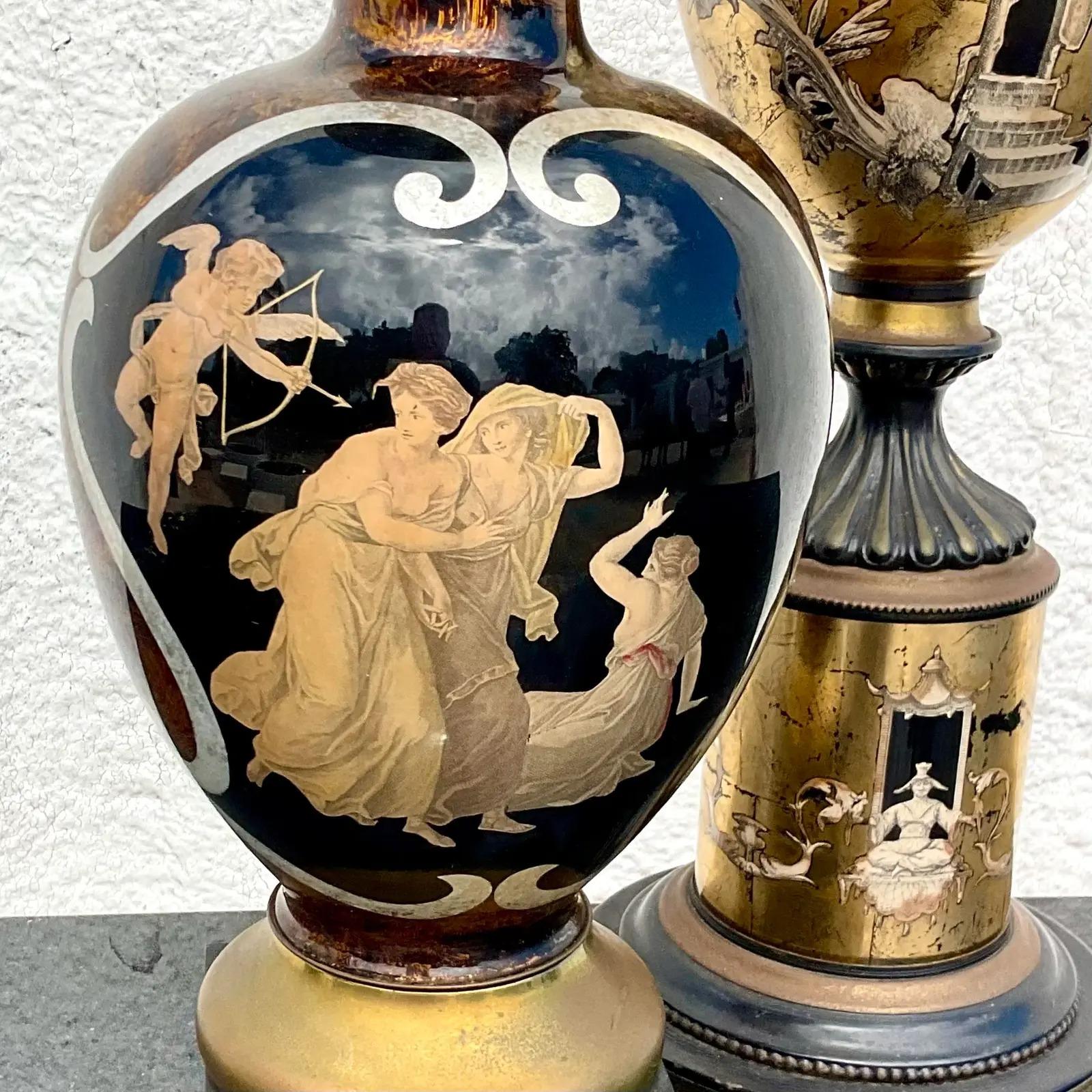 Fantastic vintage Regency table lamp. Incredible reverse painted glass dome. Beautiful scene of Cupid and the Ladies. Another lamp from the same collector also available. Acquired from a Palm Beach estate.