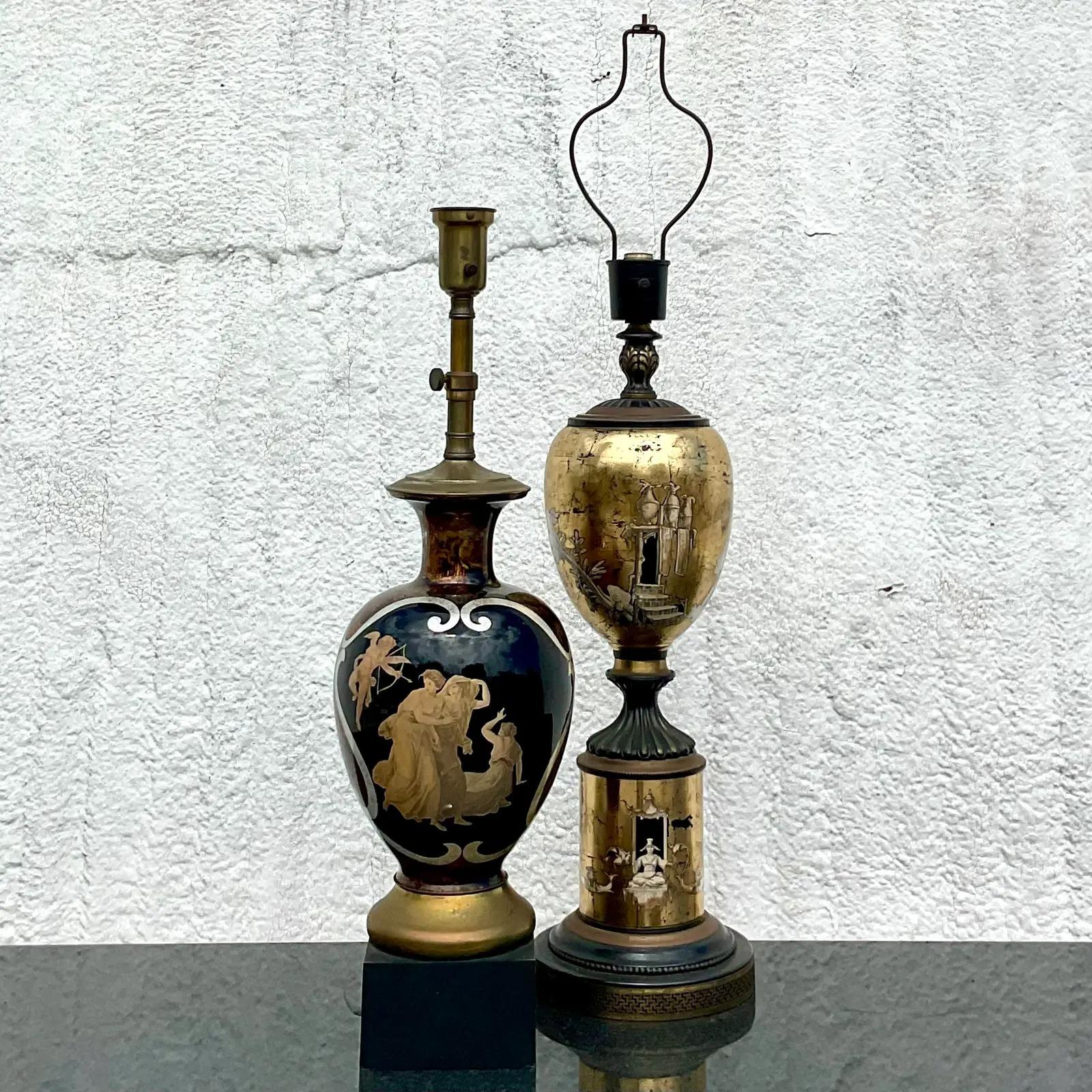 20th Century Vintage Regency Italian Reverse Painted Glass Lamp For Sale