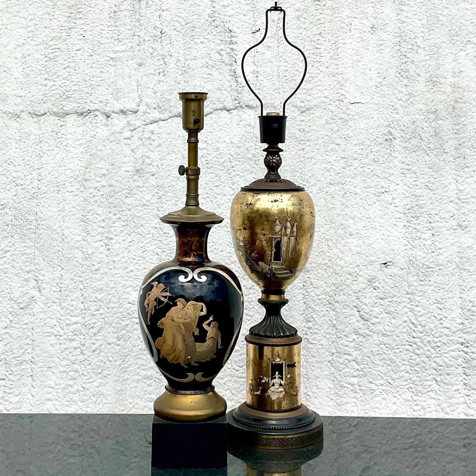 Vintage Regency Italian Reverse Painted Glass Lamp For Sale 2