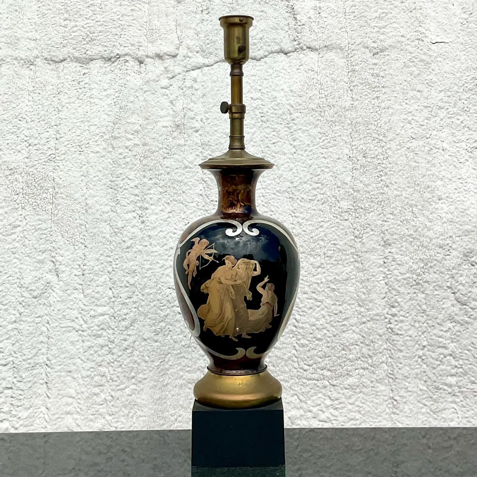 Vintage Regency Italian Reverse Painted Glass Lamp For Sale 4