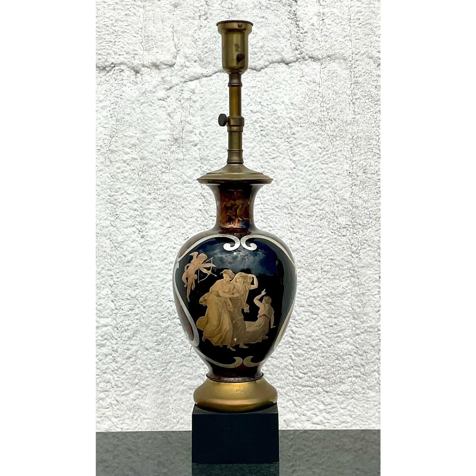 Vintage Regency Italian Reverse Painted Glass Lamp For Sale 5