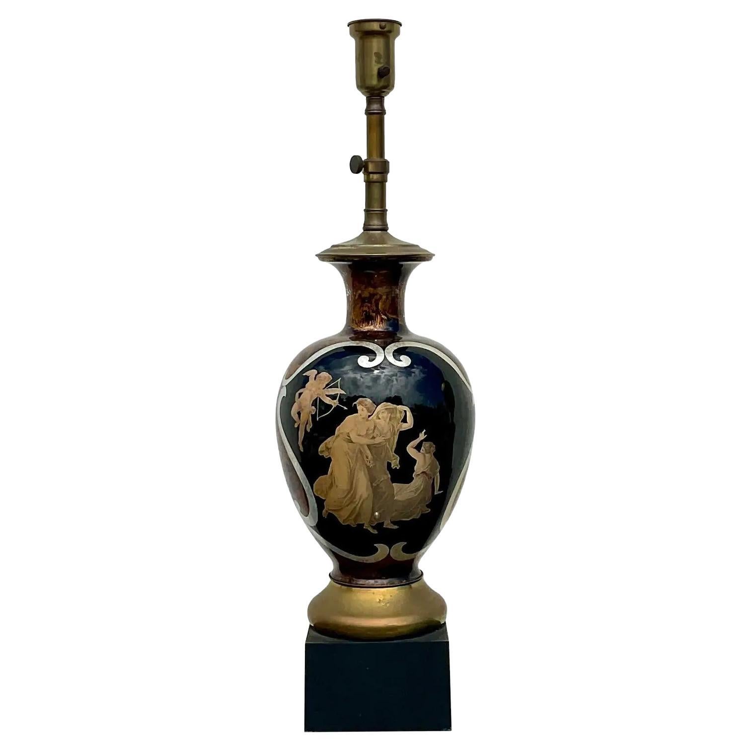 Vintage Regency Italian Reverse Painted Glass Lamp For Sale