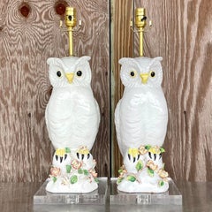 Vintage Regency Italian Terra Cotta Owl Lamps - Set of 2