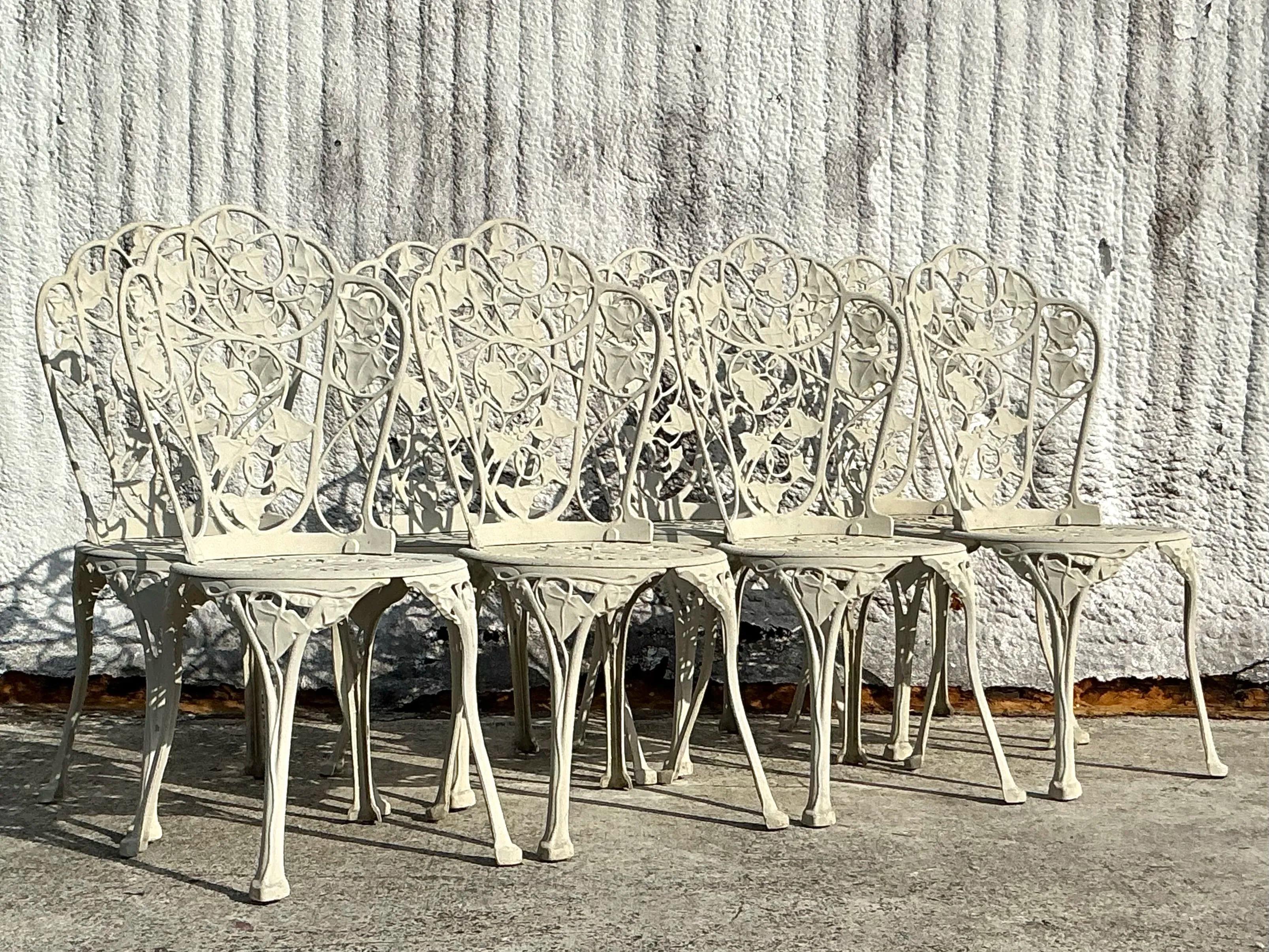 Vintage Regency Ivy Cast Aluminum Outdoor Dining Chairs - Set of 8 For Sale 5