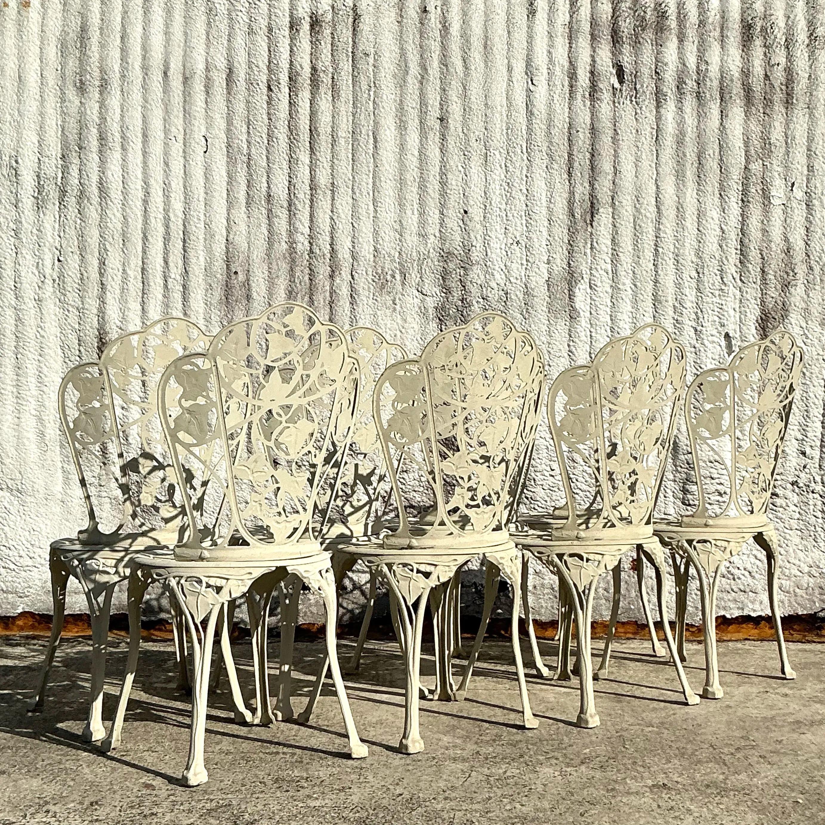 American Vintage Regency Ivy Cast Aluminum Outdoor Dining Chairs - Set of 8 For Sale