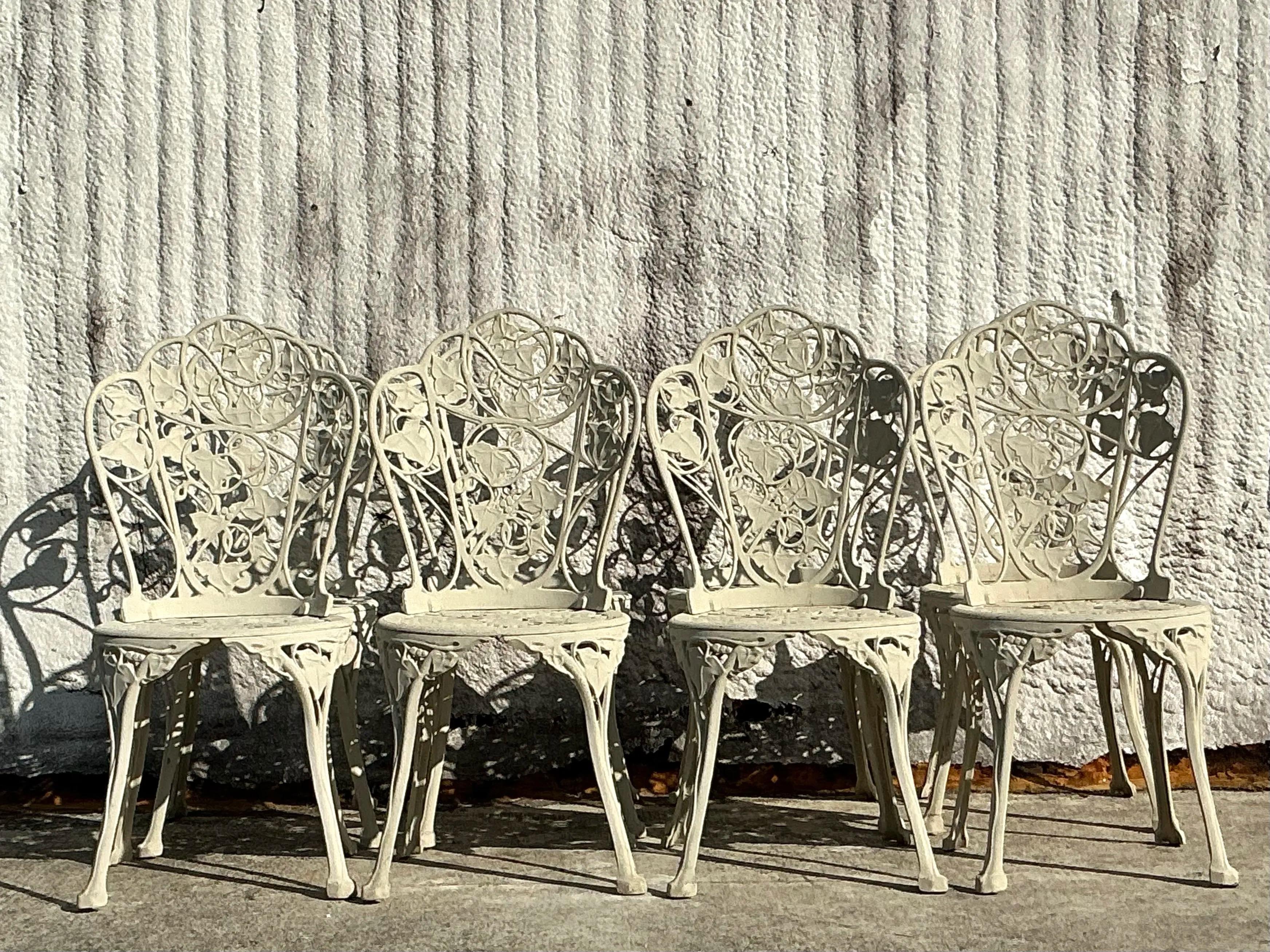 Vintage Regency Ivy Cast Aluminum Outdoor Dining Chairs - Set of 8 In Good Condition For Sale In west palm beach, FL