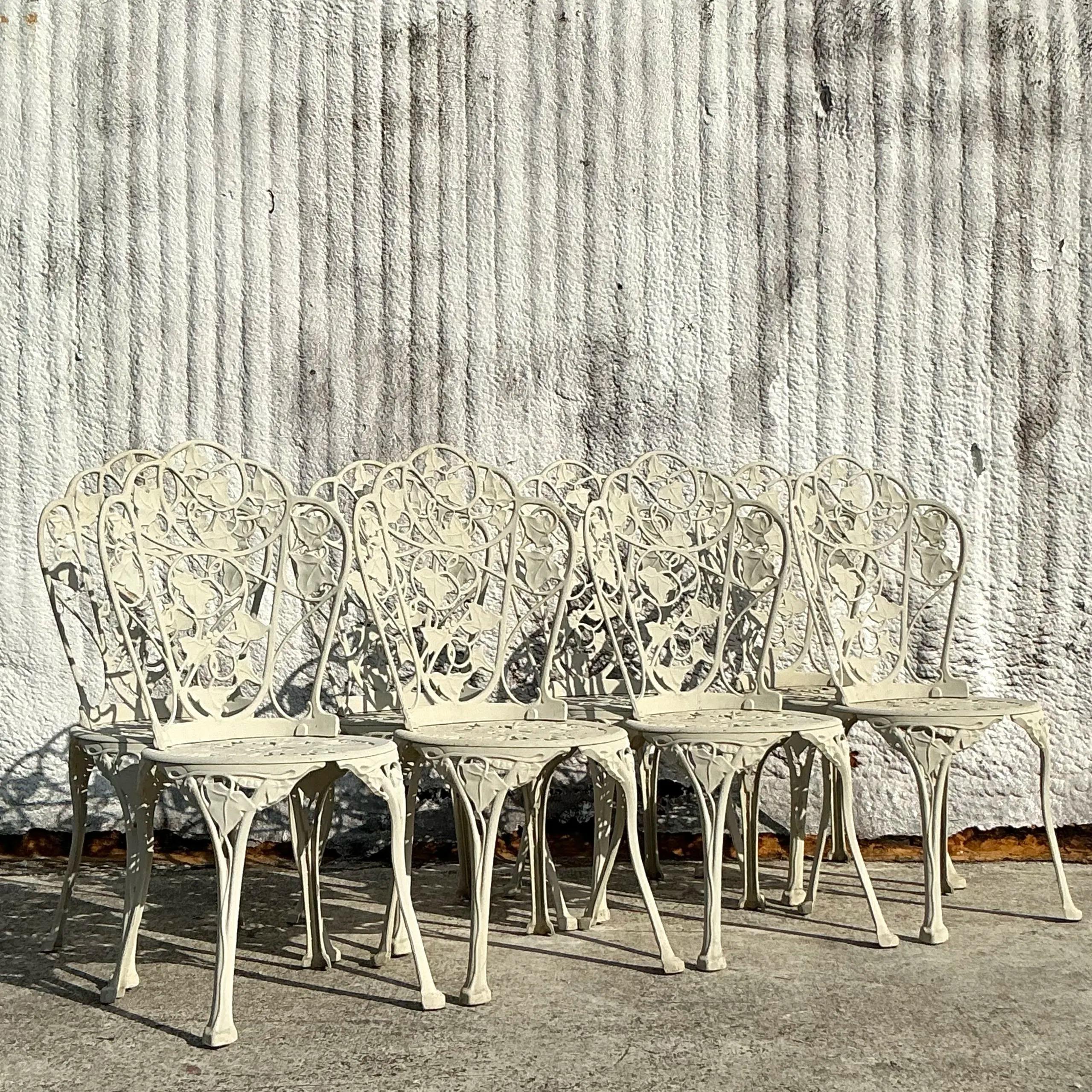 20th Century Vintage Regency Ivy Cast Aluminum Outdoor Dining Chairs - Set of 8 For Sale