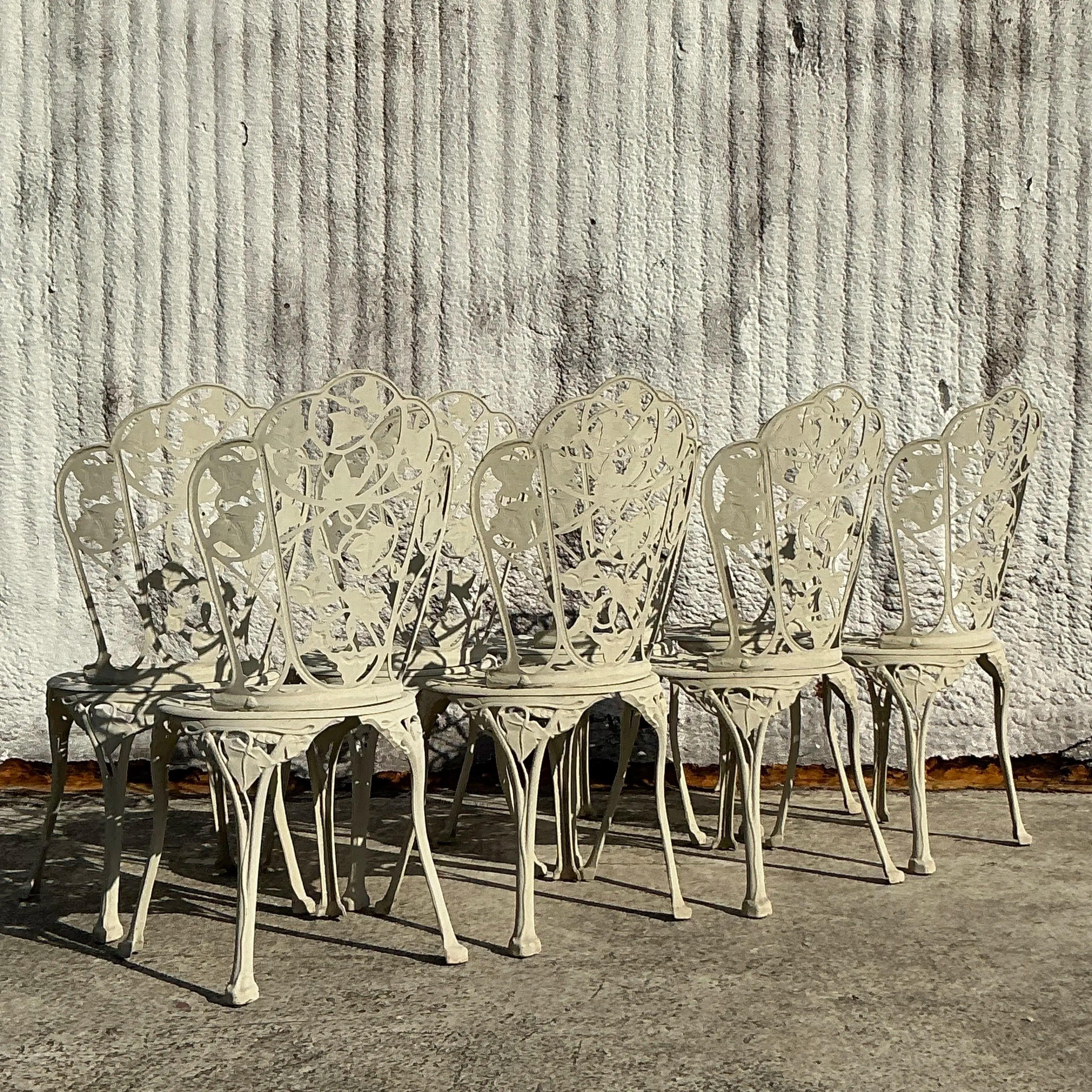 Vintage Regency Ivy Cast Aluminum Outdoor Dining Chairs - Set of 8 For Sale 1