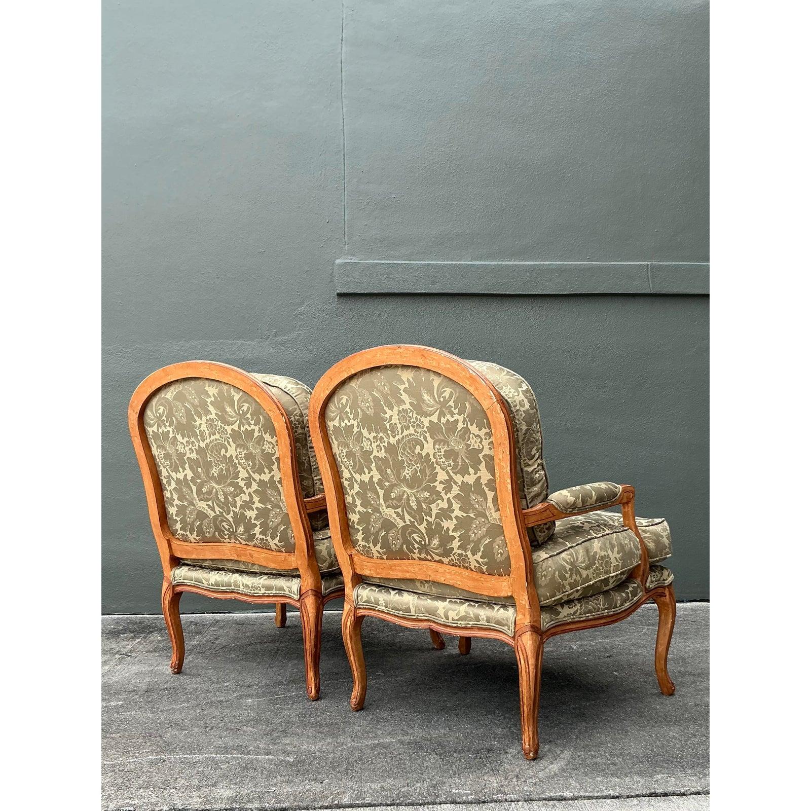 Stile provenzale Sedie Fauteuil Jacquard Regency d'epoca - Una coppia in vendita