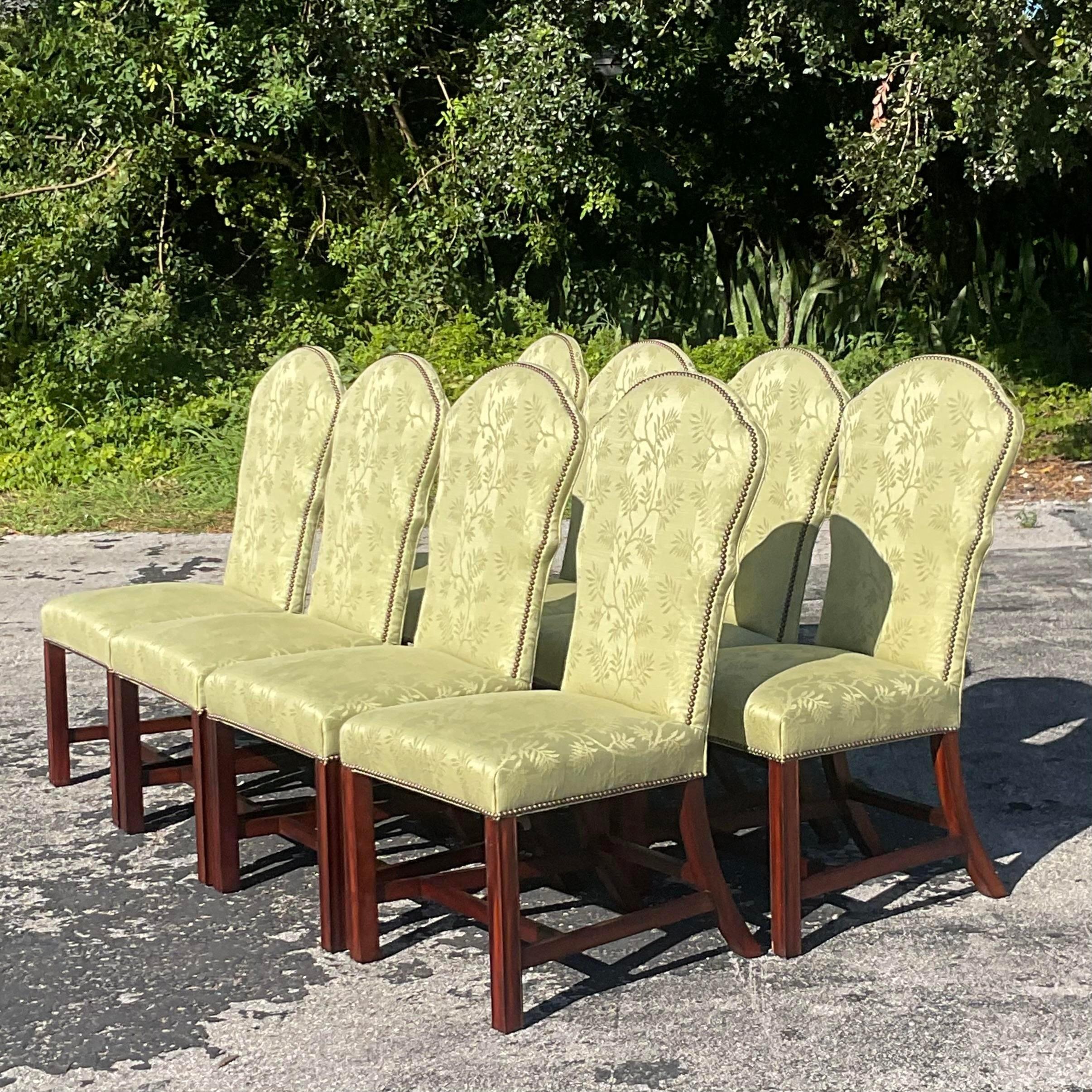American Vintage Regency Jacquard Nailhead Dining Chairs - Set of 8