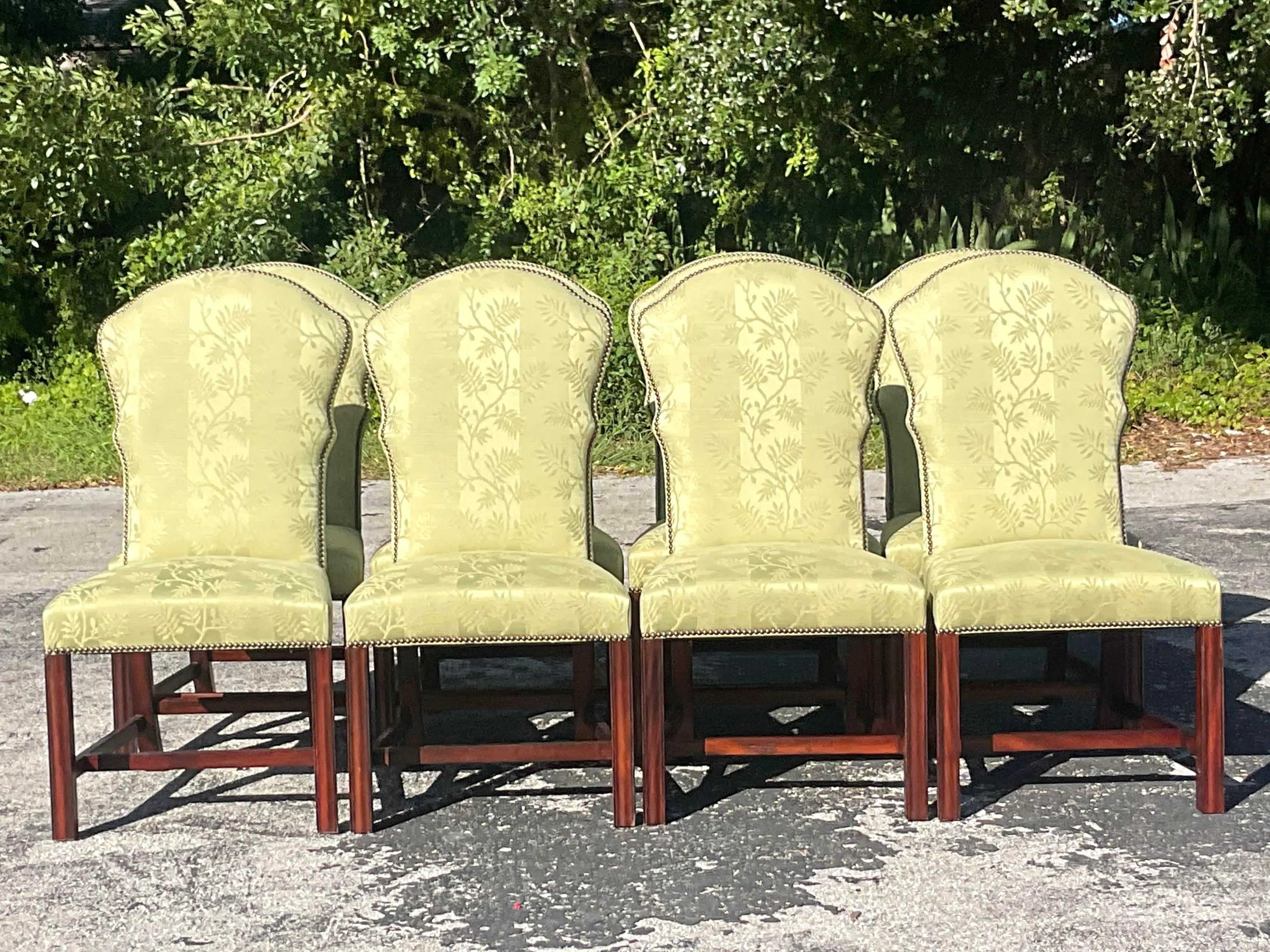 Vintage Regency Jacquard Nailhead Dining Chairs - Set of 8 In Good Condition In west palm beach, FL