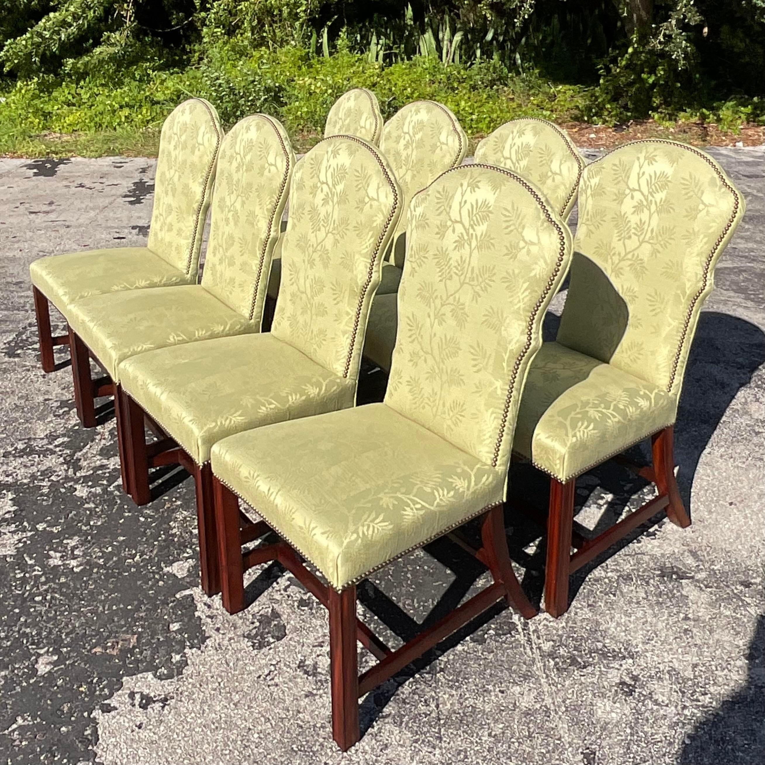 20th Century Vintage Regency Jacquard Nailhead Dining Chairs - Set of 8