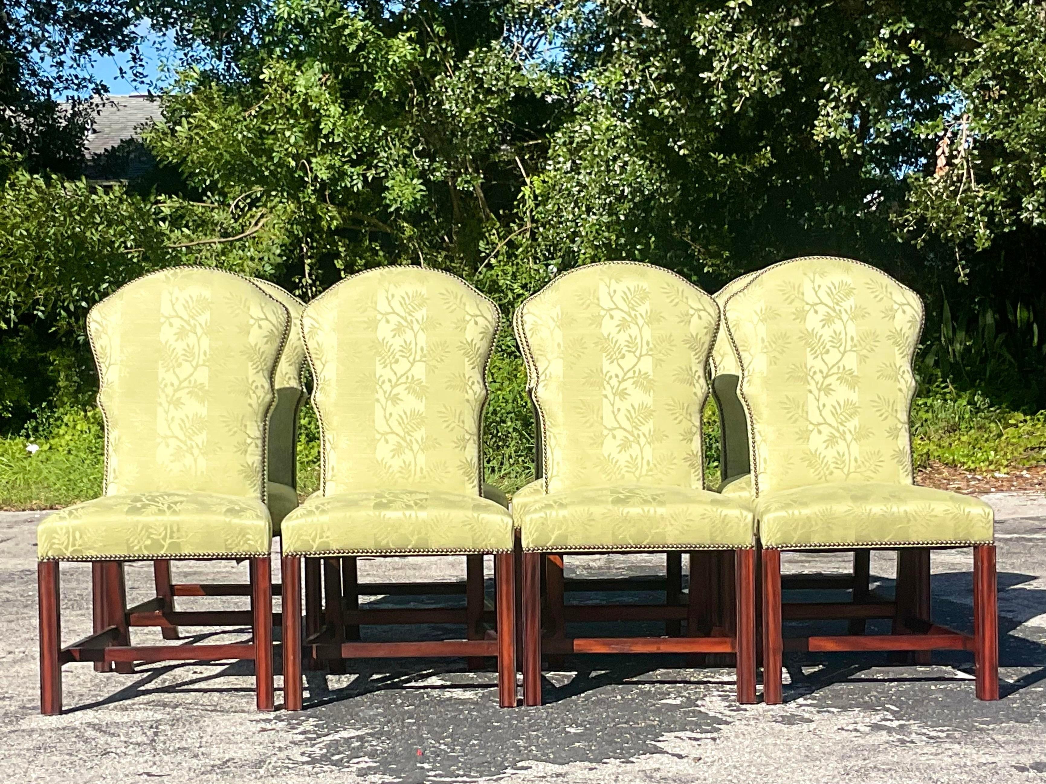 Metal Vintage Regency Jacquard Nailhead Dining Chairs - Set of 8
