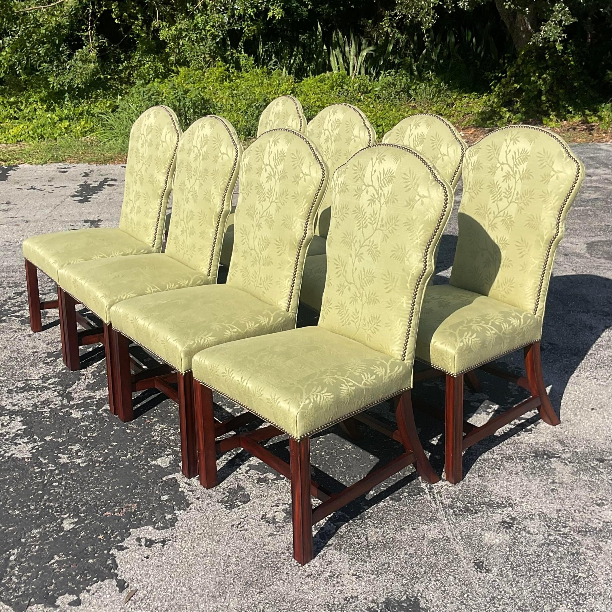 Vintage Regency Jacquard Nailhead Dining Chairs - Set of 8 1