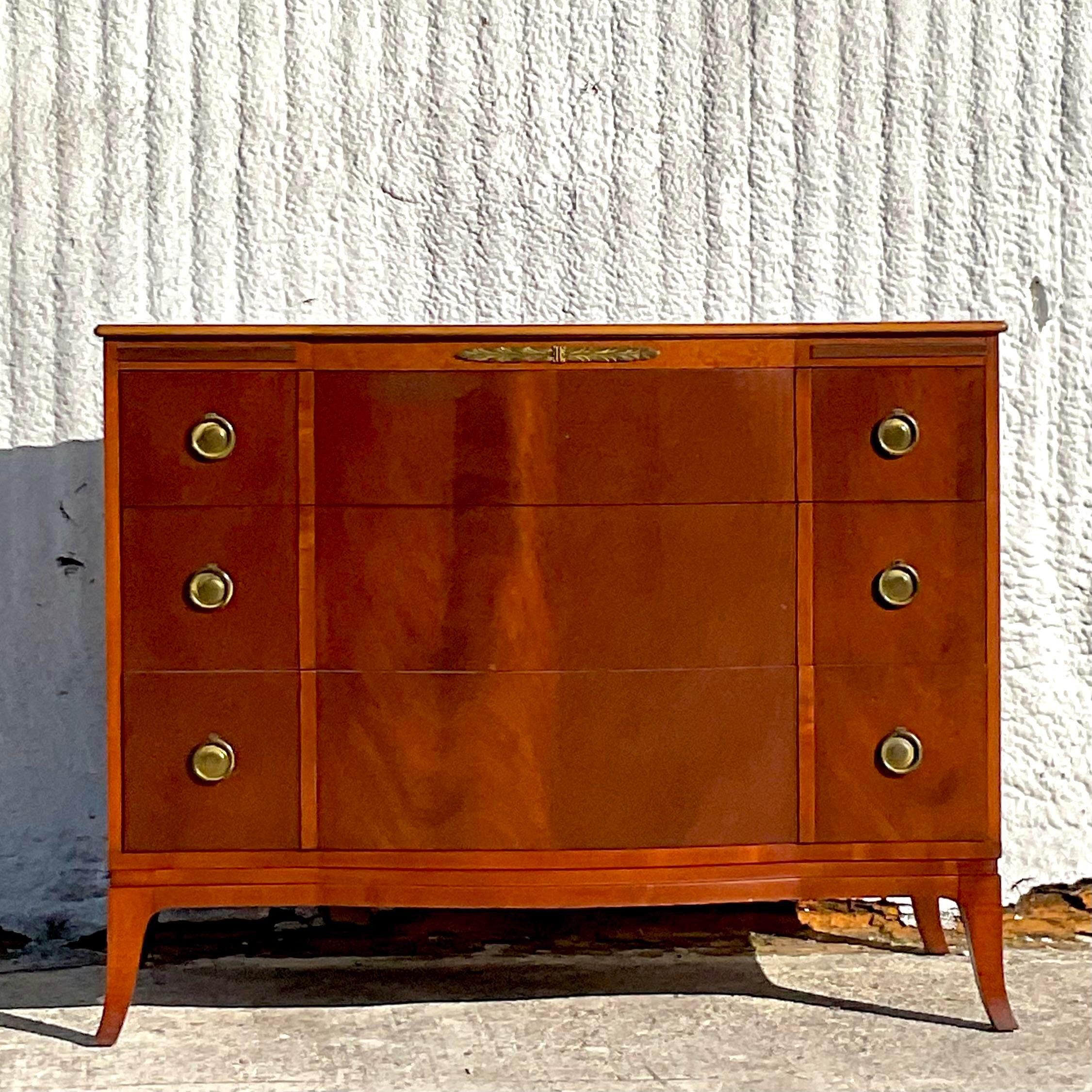 North American Vintage Regency John Stuart Flame Mahogany Chest of Drawers For Sale