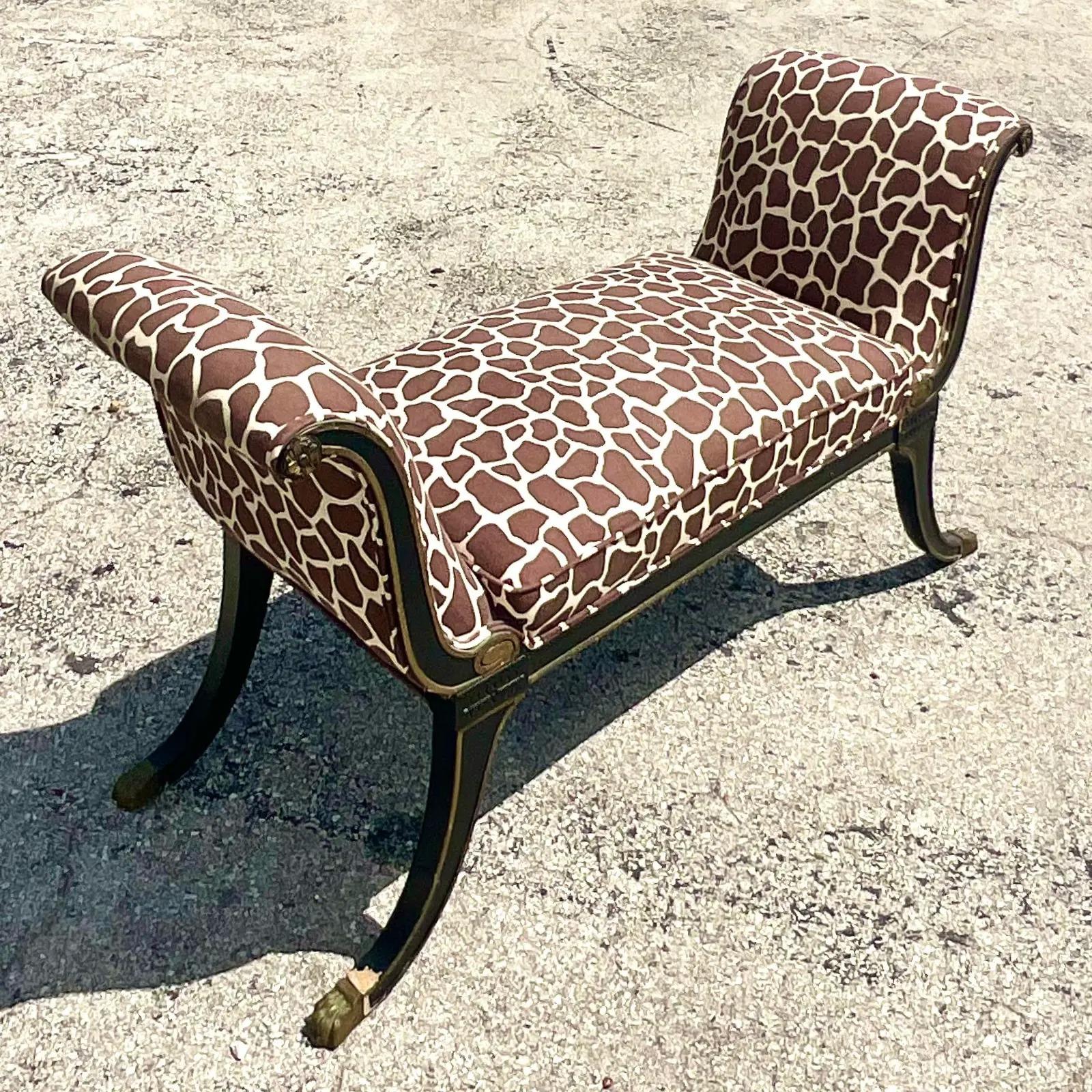 A fabulous vintage upholstered bench. A chic contemporary Kelly Wearstler For Groundworks giraffe print on a glamorous high sided frame. Lots of great patina to the paint from time. A glamorous little addition to any room. Acquired from a Palm Beach