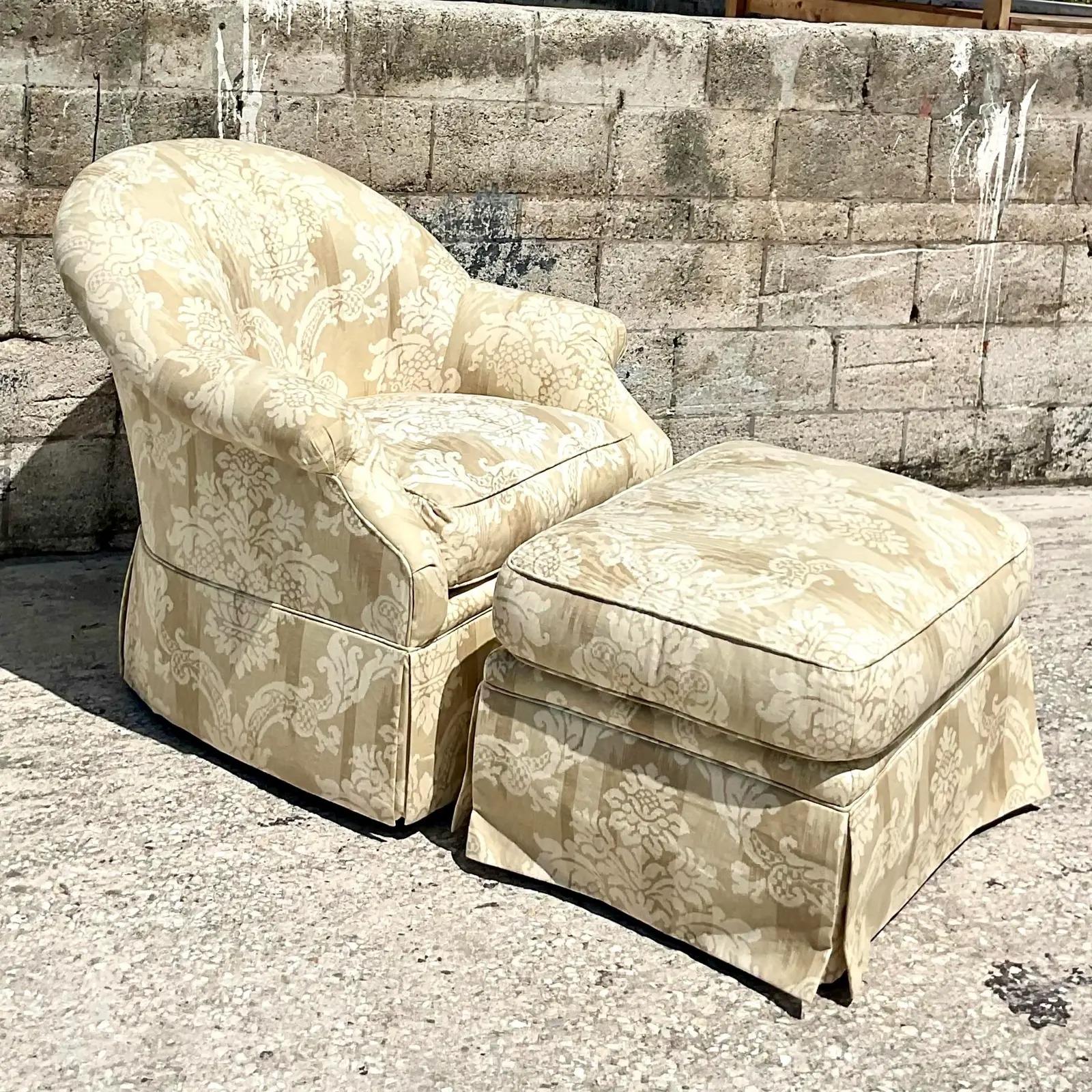 Upholstery Vintage Regency Kravet Tufted Chair and Ottoman