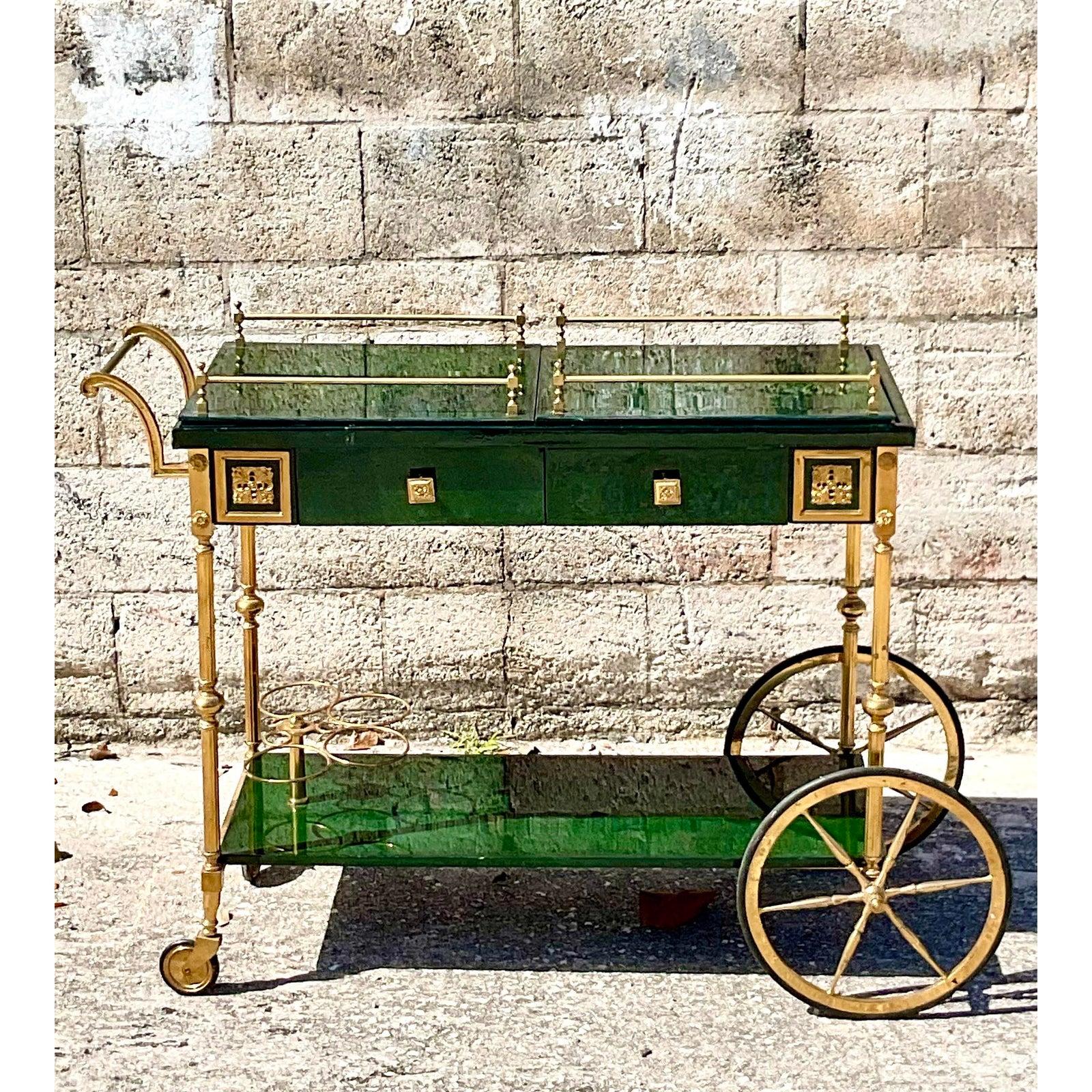 Brass Vintage Regency Lacquered Bar Cart After Aldo Tura