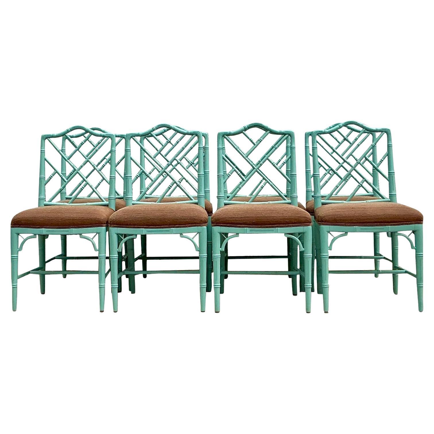 Vintage Regency Lacquered Chinese Chippendale Dining Chairs - Set of 8