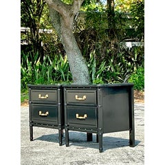 Vintage Regency Lacquered Faux Bamboo Nightstands - A Pair