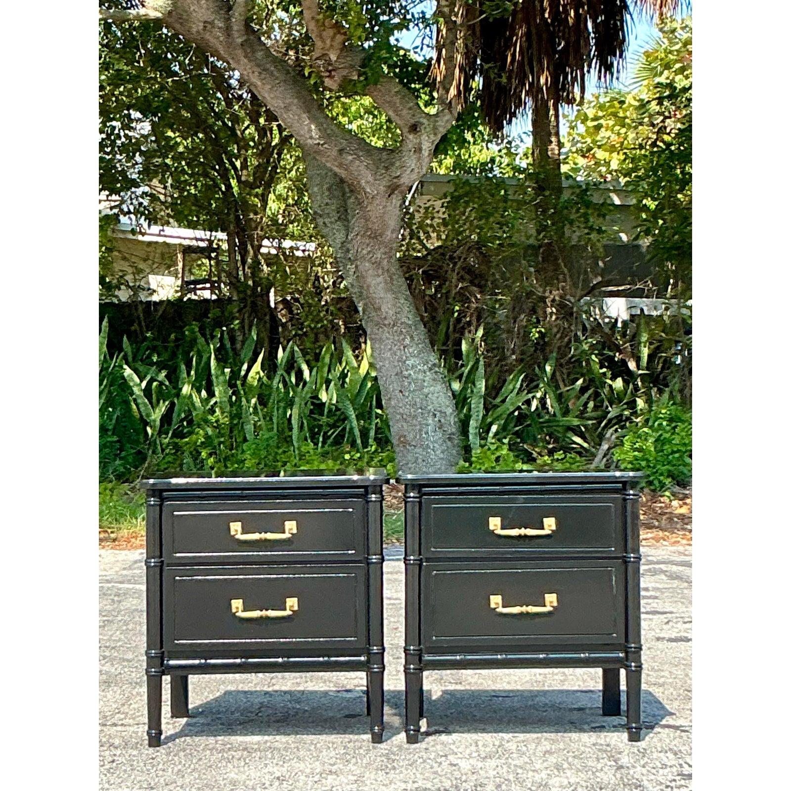 Hollywood Regency Vintage Regency Lacquered Faux Bamboo Nightstands - A Pair For Sale