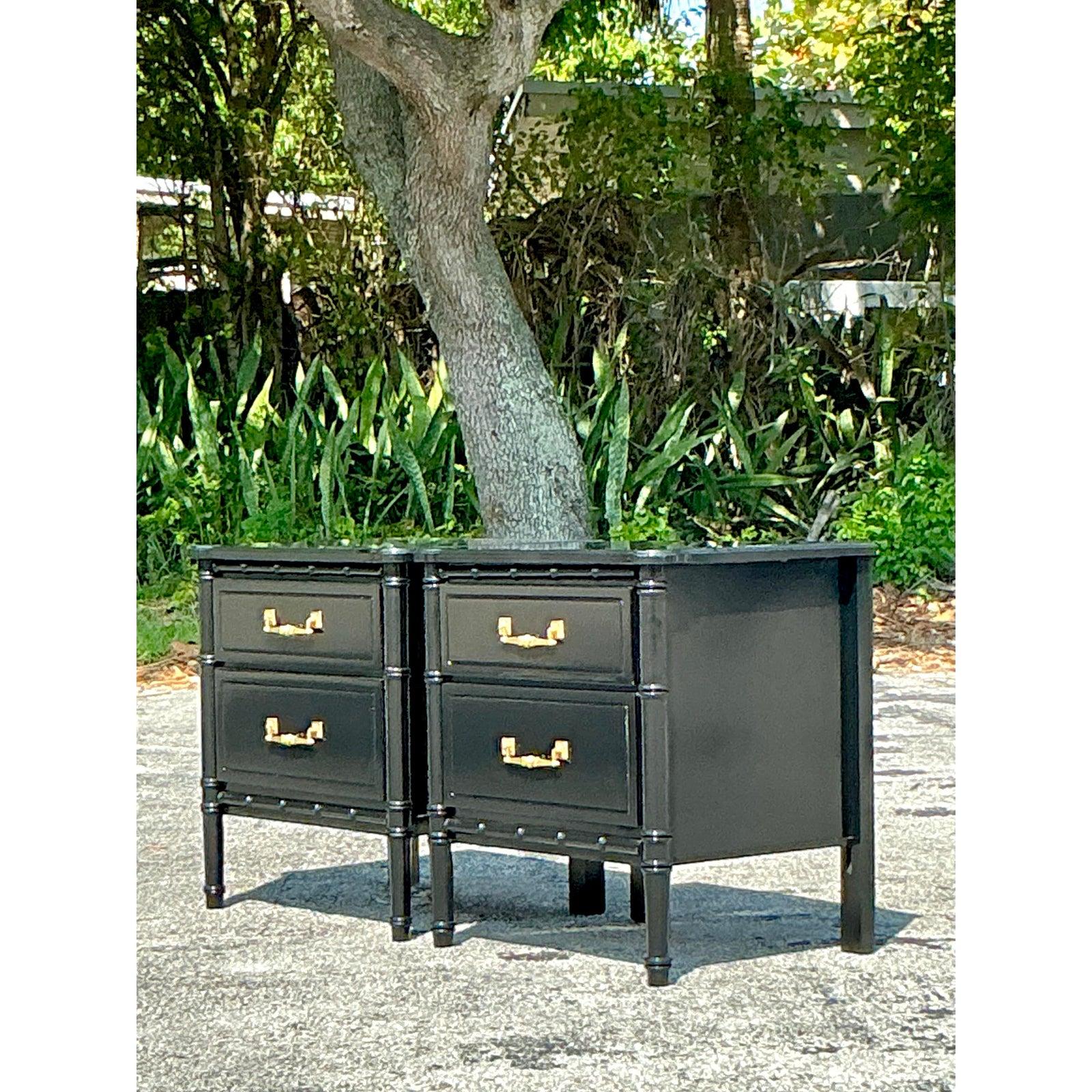 American Vintage Regency Lacquered Faux Bamboo Nightstands - A Pair For Sale