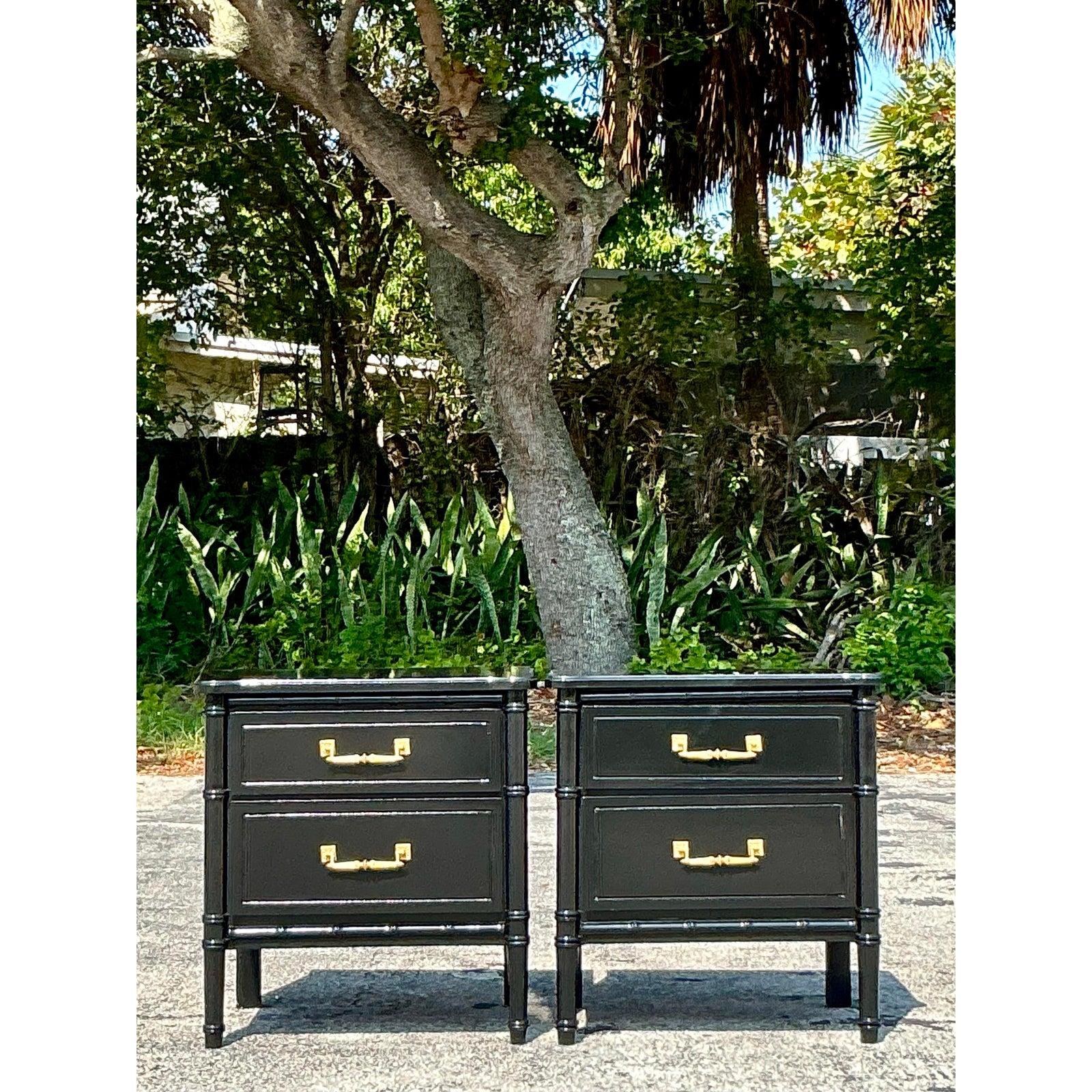 Vintage Regency Lacquered Faux Bamboo Nightstands - A Pair In Good Condition For Sale In west palm beach, FL