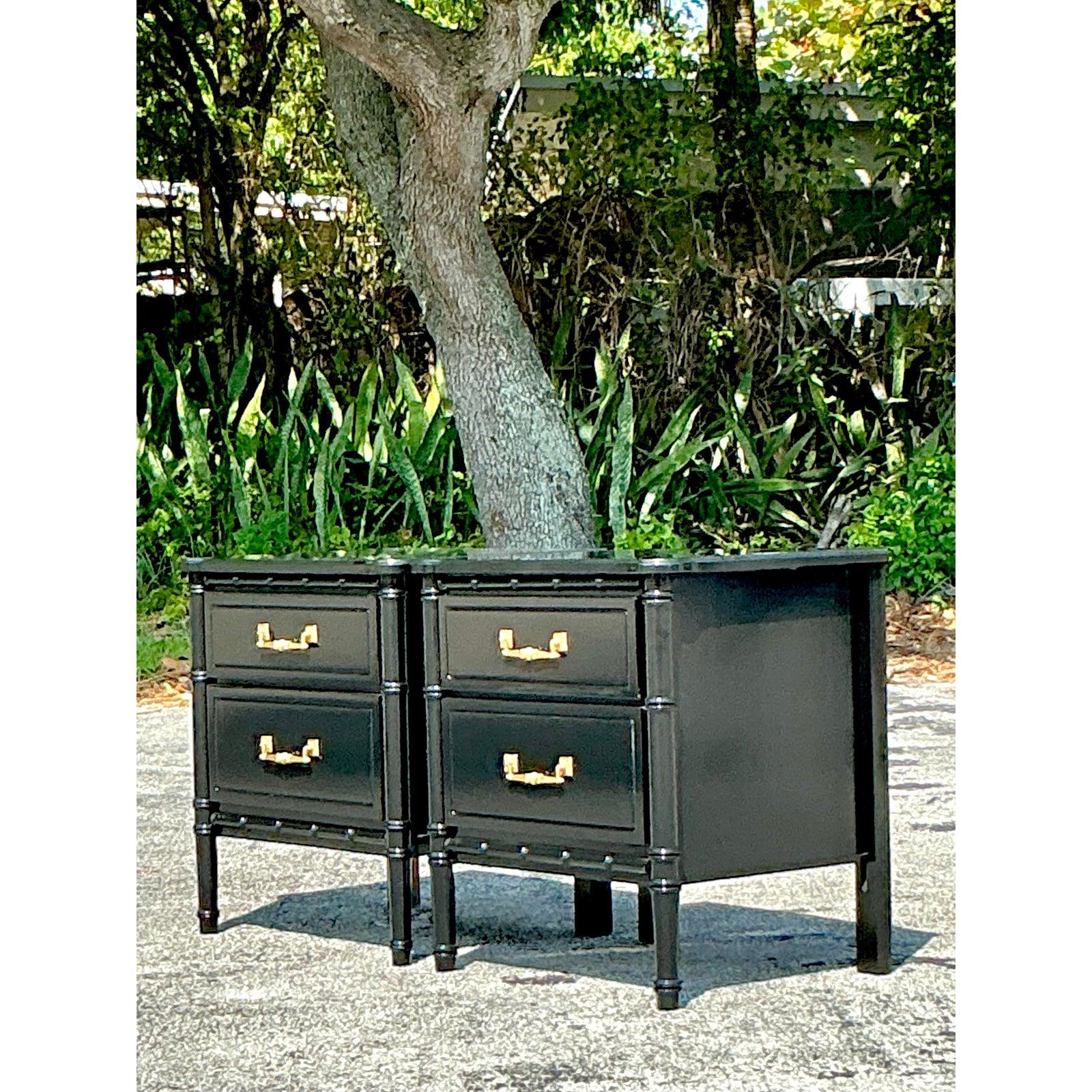 20th Century Vintage Regency Lacquered Faux Bamboo Nightstands - A Pair For Sale