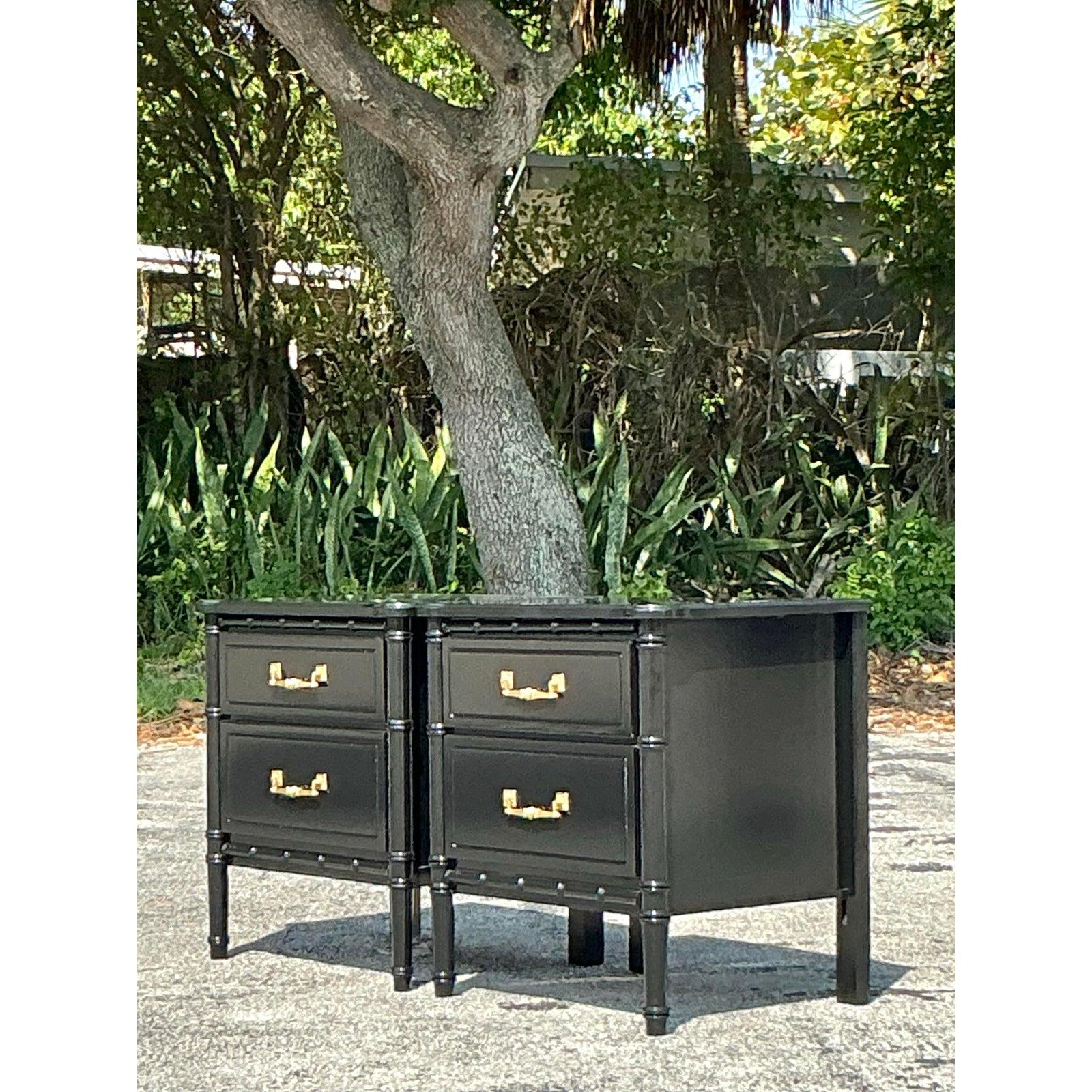 Vintage Regency Lacquered Faux Bamboo Nightstands - A Pair For Sale 1