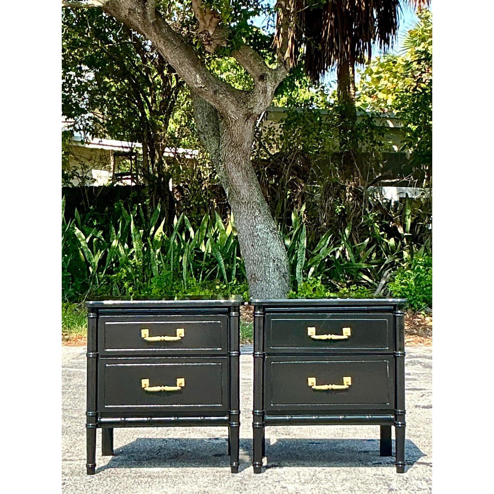 Vintage Regency Lacquered Faux Bamboo Nightstands - A Pair For Sale 2