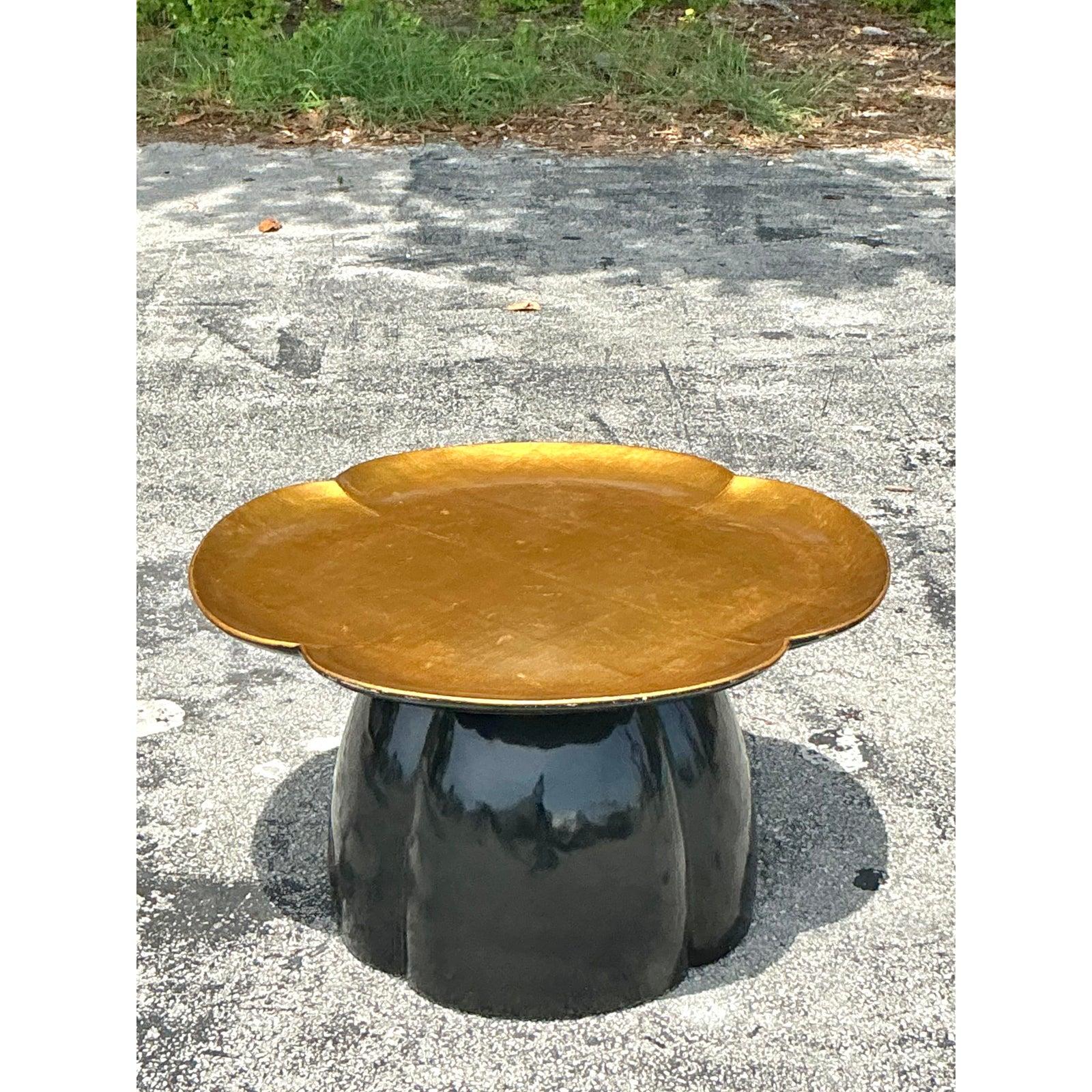 Gold Leaf Vintage Regency Lacquered Lotus Coffee Table For Sale