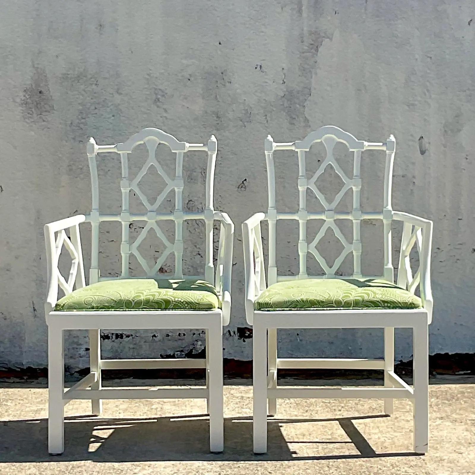North American Vintage Regency Lacquered Pagoda Arm Chairs - a Pair