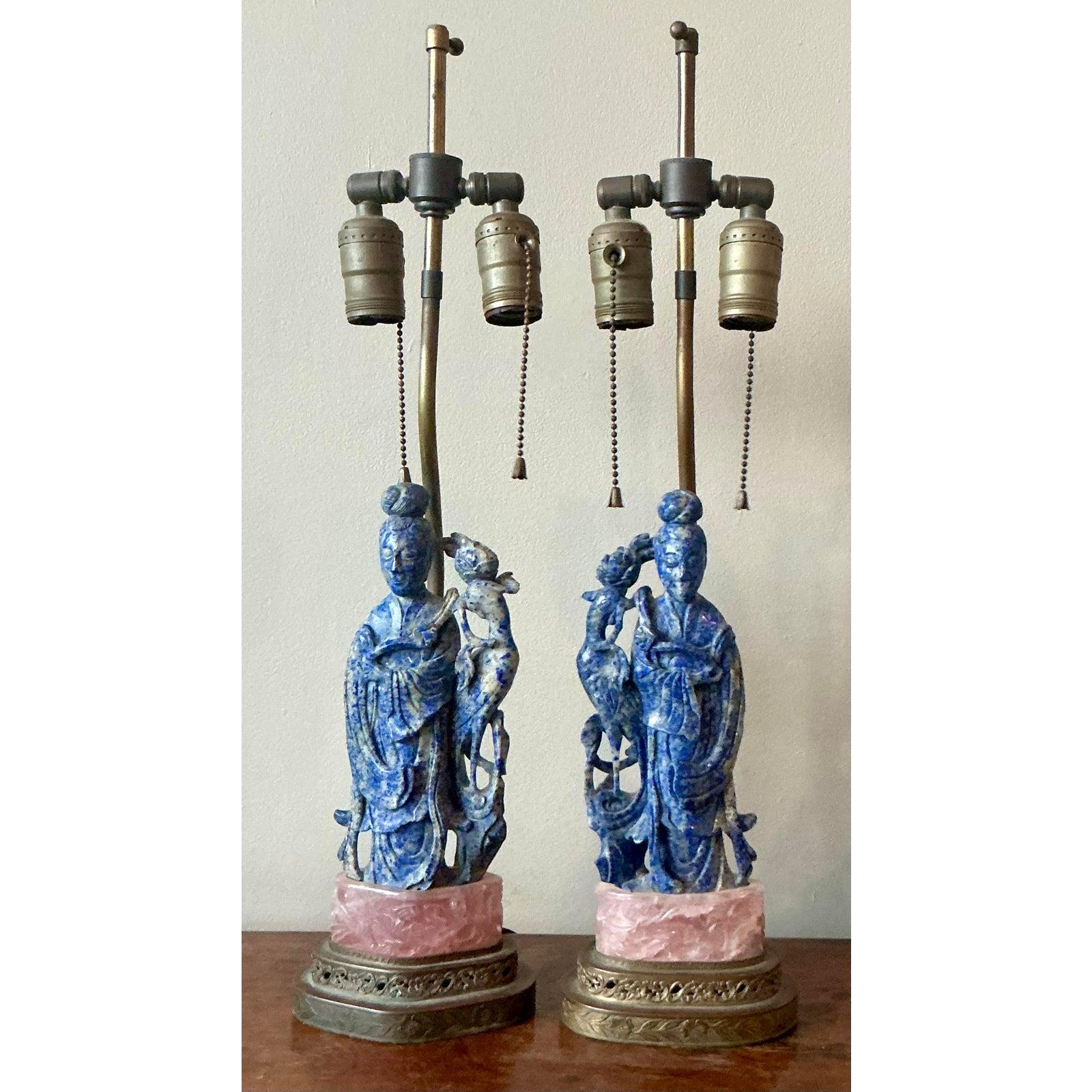 Vintage Regency-Lampen mit Lapislazuli und Rosenquarz als Figuren - 2er-Set (Chinesisch) im Angebot