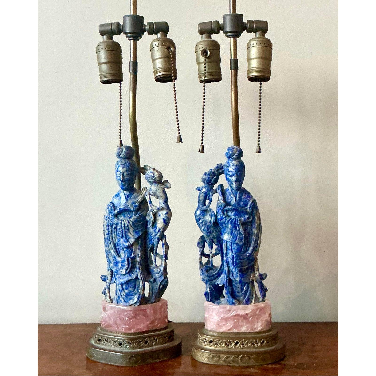 Vintage Regency-Lampen mit Lapislazuli und Rosenquarz als Figuren - 2er-Set (20. Jahrhundert) im Angebot